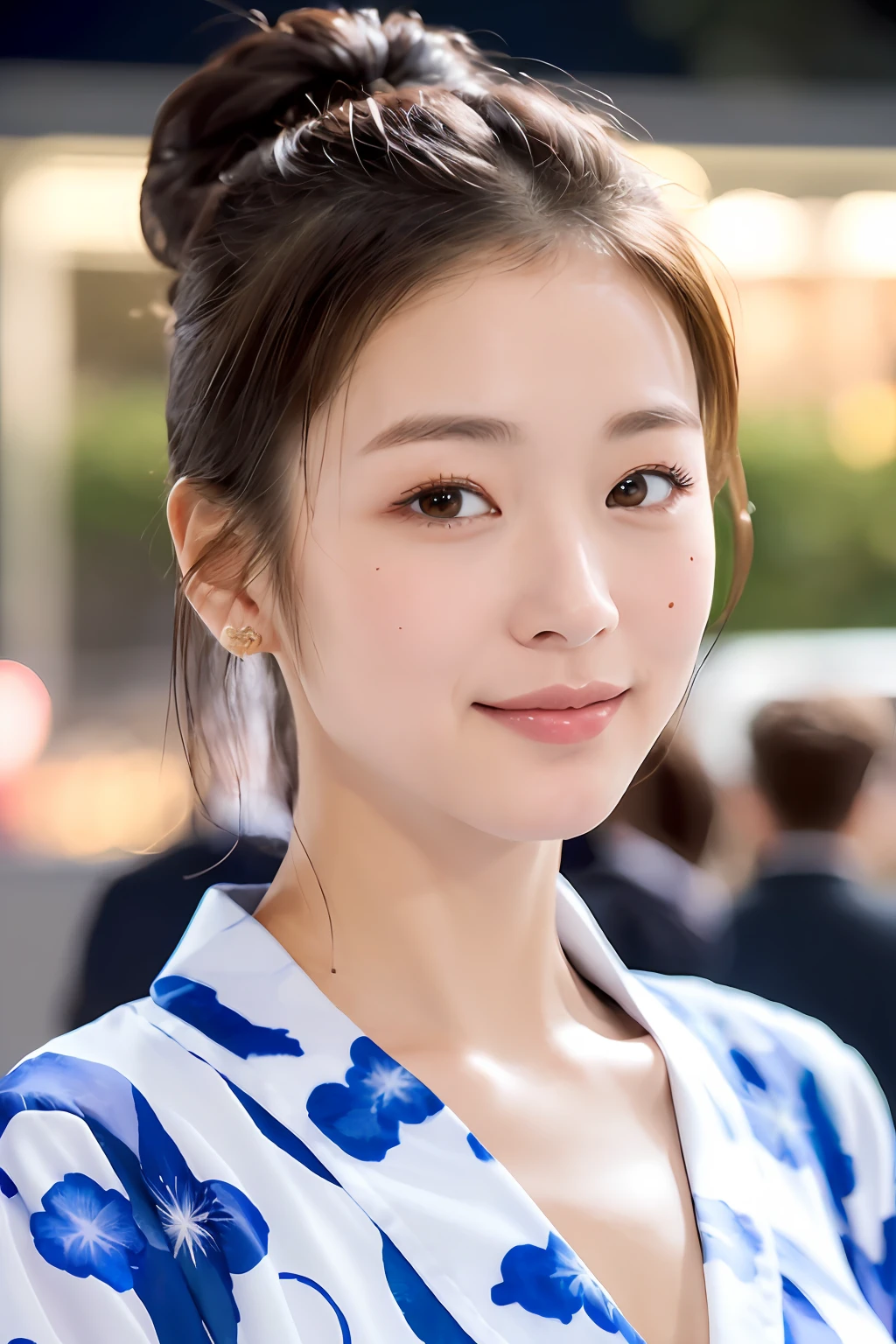 ((masterpiece、top-quality、ultra-definition、hight resolution))、独奏、a beauty girl、radiant eyes、perfect eyes、Japan's beautiful sister、Yukata with white floral pattern、full bodyesbian、is standing、Eat soft-serve ice cream、Bun hair、Night background、high-level image quality、4K.