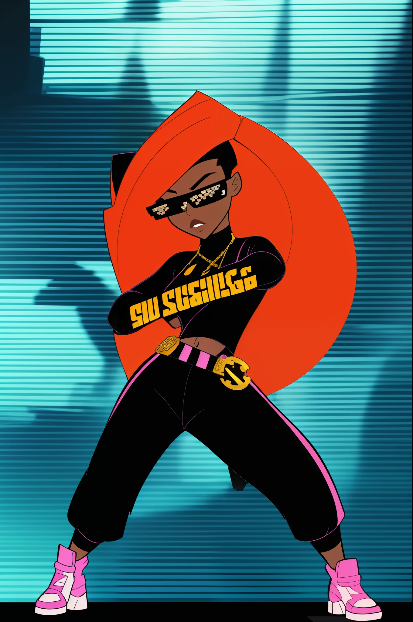 "A solo hip hop gangtsa shot featuring kim possible a showcasing her ajusting her hip hop baggy attire plus her gangsta sunglsses posing like a gangsta flex their bling ! DealWithIt"