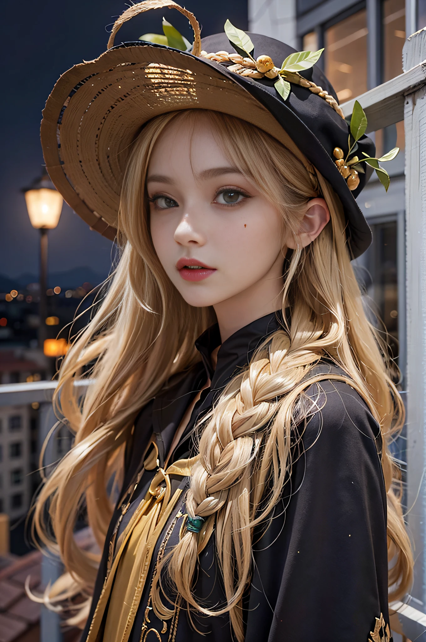 Warm color environment,Rooftop,Rooftop,the night,Blonde girl,Leaning against the railing,long whitr hair,Forehead bangs,Small braids on both sides,golden hairband,Full body black long-hatted cloak,Medium build,mole under the eye,full bodyesbian,Lateral face,Look into perspective