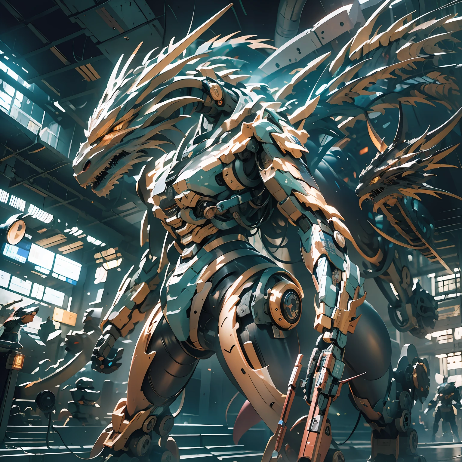 A mecha dragon，Standing in front of the background of future technology，Domineering，（（tmasterpiece，best qualtiy）），illustration，Ultra-detailed 8K，Clear focus，A highly detailed，Professional lighting，Colorful detailed，