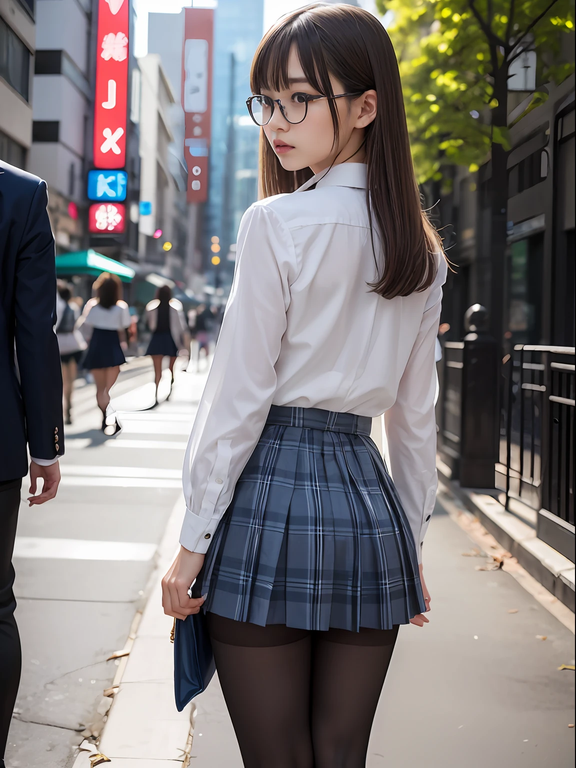 (8K、Raw photography、top-quality、masterpiece:1.2),Bullish,Muchimuchi,Erotic,Pupils,Light Blue Bra,de pele branca,kne,(Black pantyhose),absurderes,a small face,small tits,flat breast,Parting the bangs from the middle、Forehead visible,(a cold expression,Tight eyes,glares,Bullish,skinny,Rasping,irate)、masterpiece,top-quality、超A high resolution,Raw photo,ren,Beautiful fece,One Person, 独奏,eye glass,,Dark look,Small breasts,fullllbody,Round glasses、cute little、Back to Student,JK school uniform,hi-school girl,A Japanese Lady,is standing,(Photorealsitic:1.37)、Photon mapping,Realistic、Cute little face,Brown-eyed、Black socks、(Red bow tie)、Radio City、Physically Based Rendering、Foreground、depth of fields、Blurry background、a picture,The girls、Body,beauty legs, Long legs, Thin leg,shorttwintail,(Bangs are visible), hair, s lips, Blue_The eye, nosesoft,(Light blue shirt), (Navy and blue and white plaid pleated skirt), Knees are visible,Sheer clothing,, Thigh, Black cotton socks,Nogizaka Idol, 女優, Japanese ido