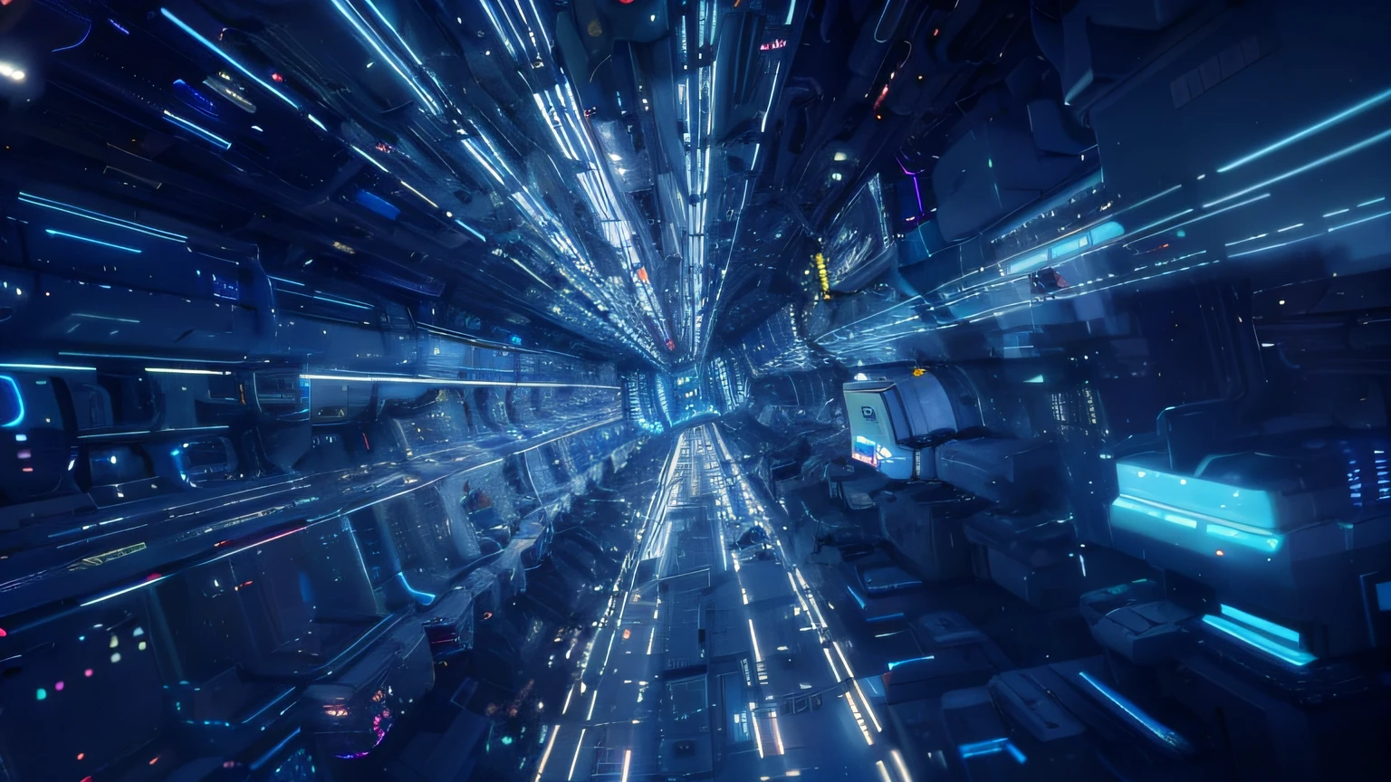 a close up of a futuristic city with a lot of lights, surreal cyberspace, cyber space, hyperspace, futuristic space ship interrior, background of digital greebles, Immerse yourself in a faulty network, explosion of data fragments, Spaceship corridor background, In the field of inner hyperspace, cyber space forest scene, fundo futurista, futuristic cyber subway station