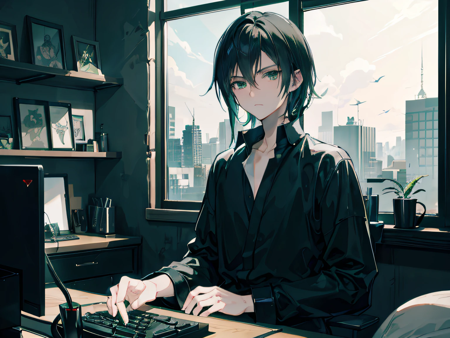 anime handsome guy ,jet black short sharp hair,wearing plain black shirt, sitting in front of PC,both hand in keyboard and mouse playing pc game, in the bedroom. the bedroom is small, dark and gloomy, he has emerald green eyes, high res, ultrasharp, 8K, masterpiece,tired eyes, semi realistic,artwork in the style of guweiz