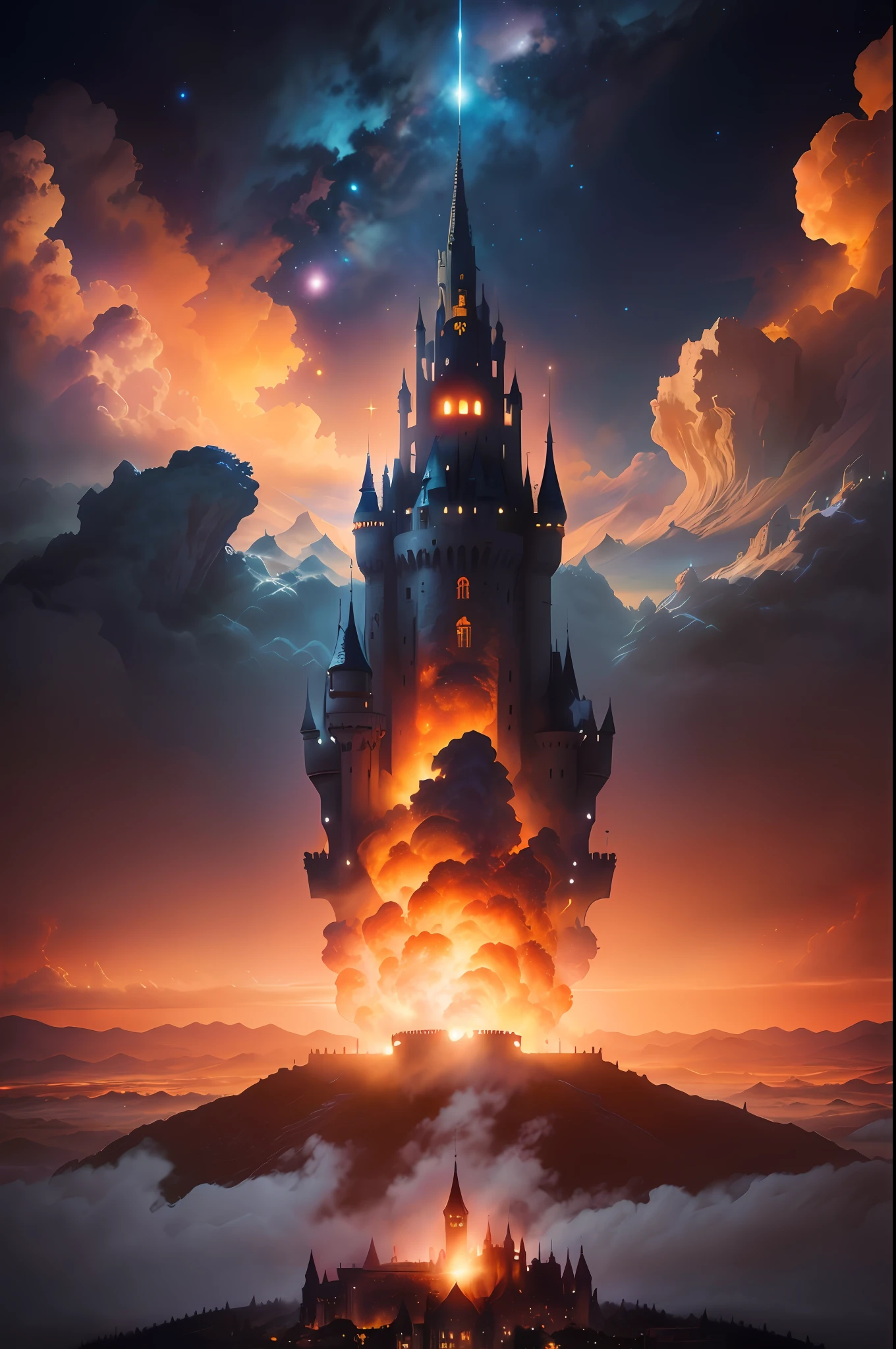 Arafed Castle in the sky with a bright star above it, Castelo da nuvem voadora, epic castle, Epic Fantasy Digital Art Style, Castelo da Fantasia, epic castle with tall spires, Arte de fantasia 4k, Castelo nas Nuvens, arte fantasia behance, castelo voador, Castelo de Alta Fantasia, castle in the sky style, castelo feito de nuvens, fundo do castelo