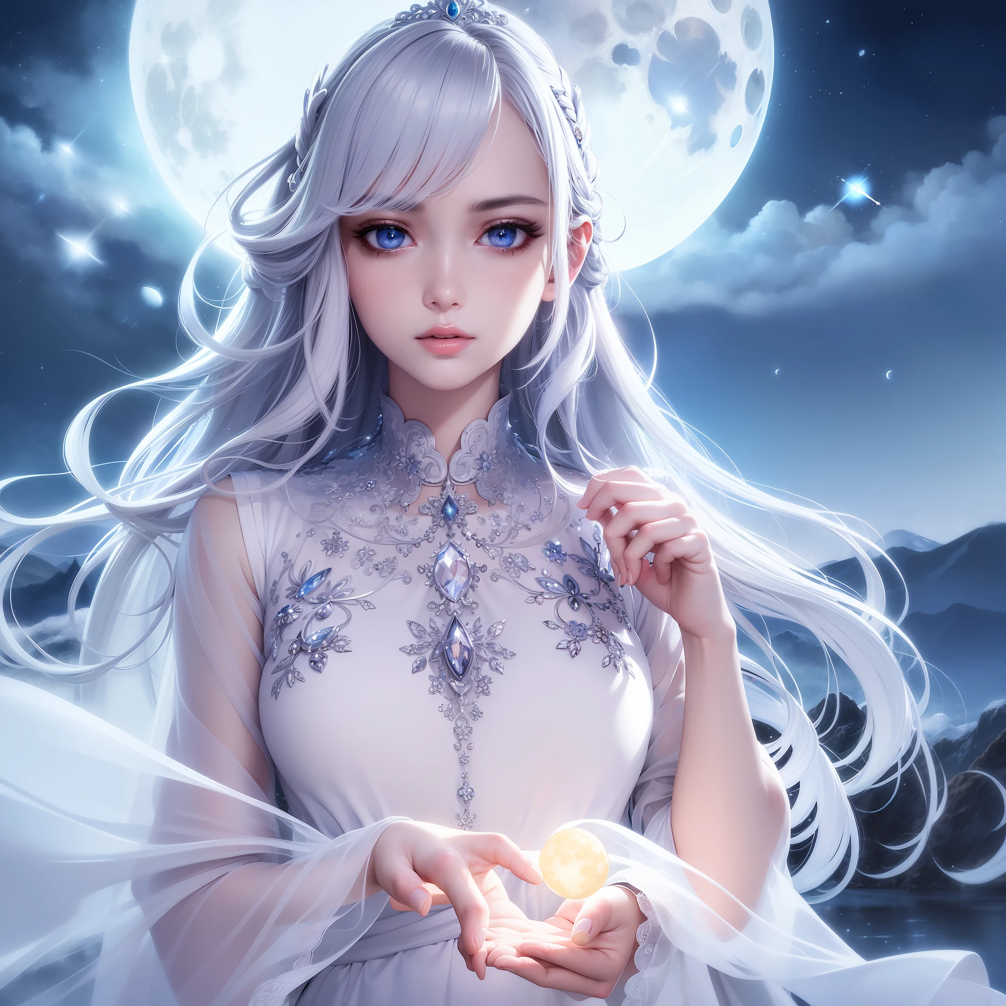 masterpiece, (best quality:1.2), (ultra-detailed:1.2), illustration, (an extremely delicate and beautiful:1.2),cinematic angle,floating, (beautiful detailed eyes:1.1), (detailed light:1.1),cinematic lighting, beautifully detailed sky, women, white hair, blue eyes, (high ponytail:1.1), cloak, glowing eyes, (moon:1.2), (moonlight:1.1), starry sky, (lighting particle:1.1), fog, snow painting, sketch, bloom