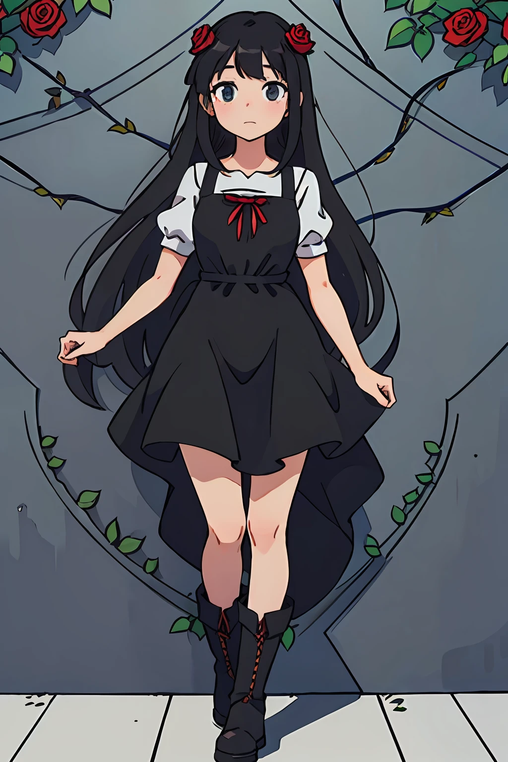 (best-quality:0.8), (best-quality:0.8), perfect anime illustration, girl having long black hair, wearing a beautiful sundress and boots, standing in front of a wall having full rose vines, posing, full body short, aesthetic