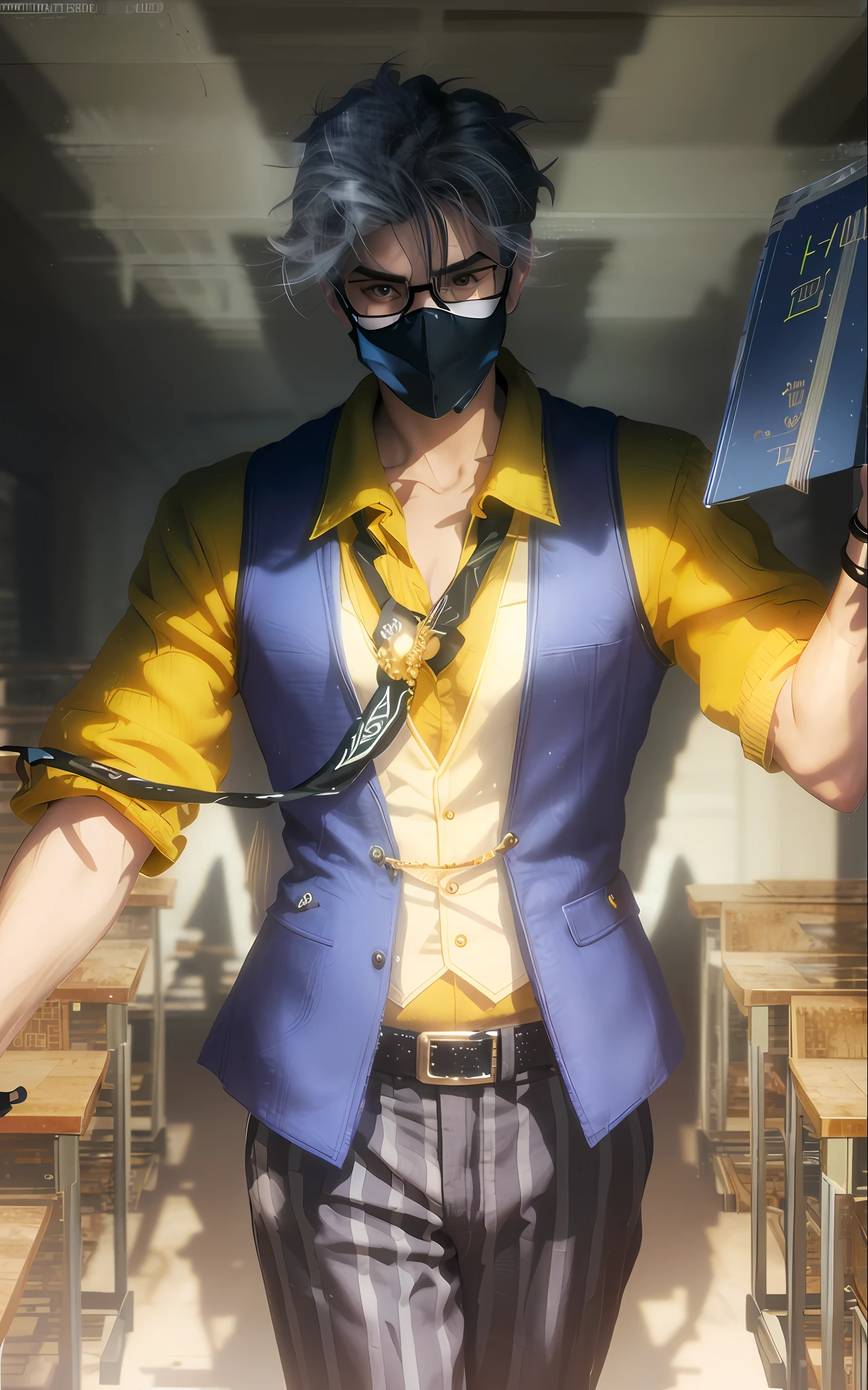 ((Best Quality, 4K, Masterpiece: 1.3)), (Detailed: 1.4), Reality, 1boy, a man with a mask and tie holding a book in a classroom, professor clothes, style artgerm, sakimichan frank franzzeta, extremely detailed artgerm, hanzo from overwatch, a man with grey hair and glasses, Body Muscle, 4K, HD, Ultra Realistic, extremely detailed