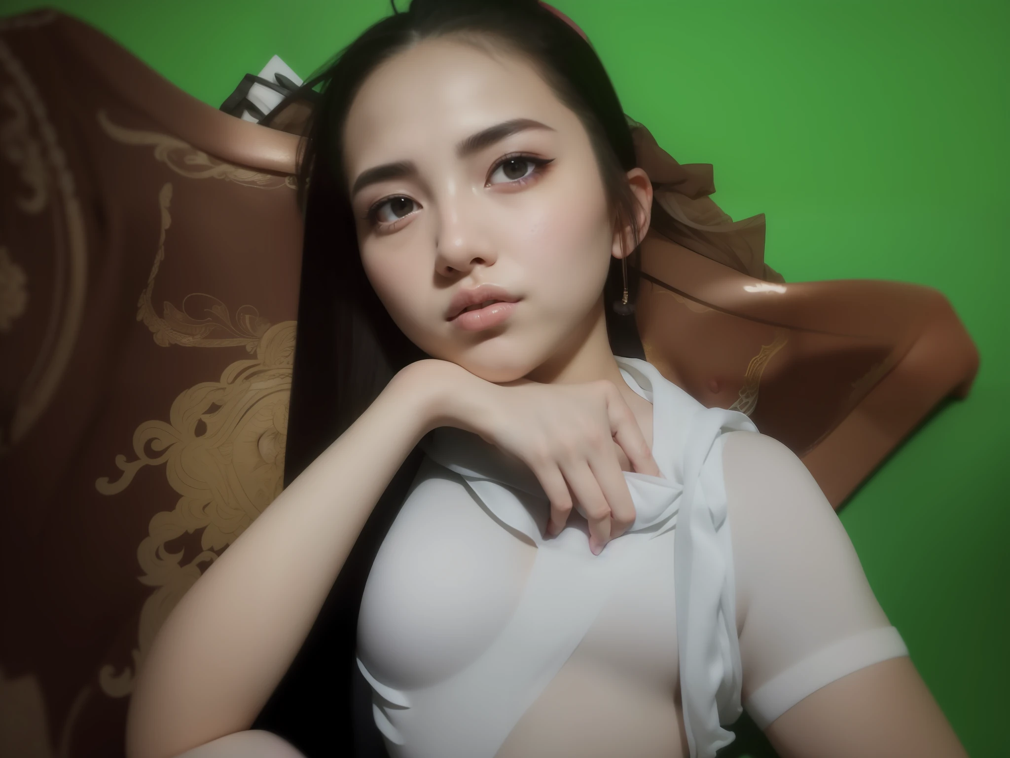 Realistic, 8k, 1girl, long white black ponytail hair, Chinese, heterochromic eyes, moles under the eyes, thick eyebrows, bikini, white panties, tuned abs, thighs, in bed