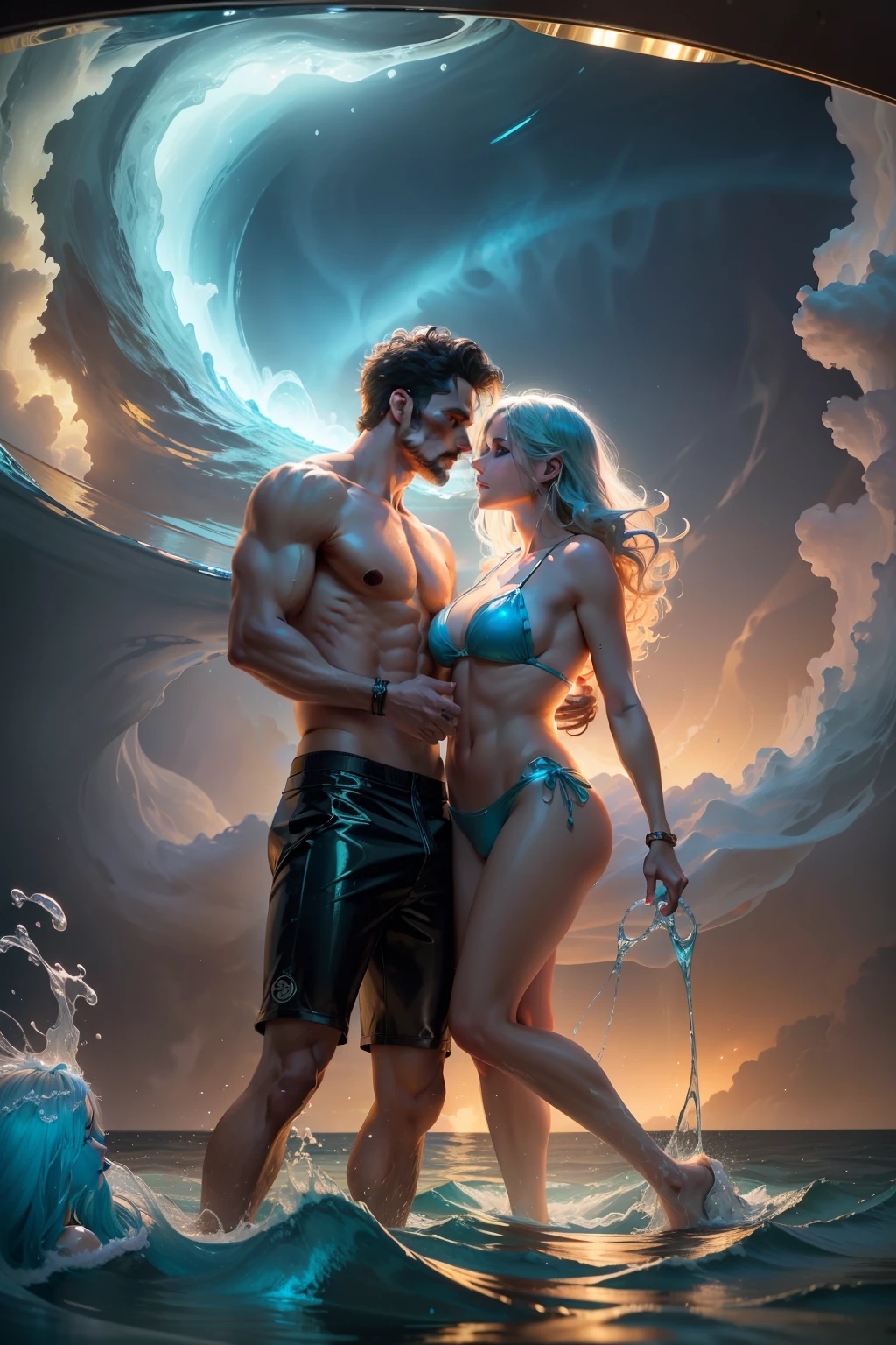 A hyperdetailed 24k photorealistic whirlpool of clear blue water, illuminated by a tornado of boiling bioluminescent light and bar lighting, with a beautiful man and woman in bathing suits standing atop it.