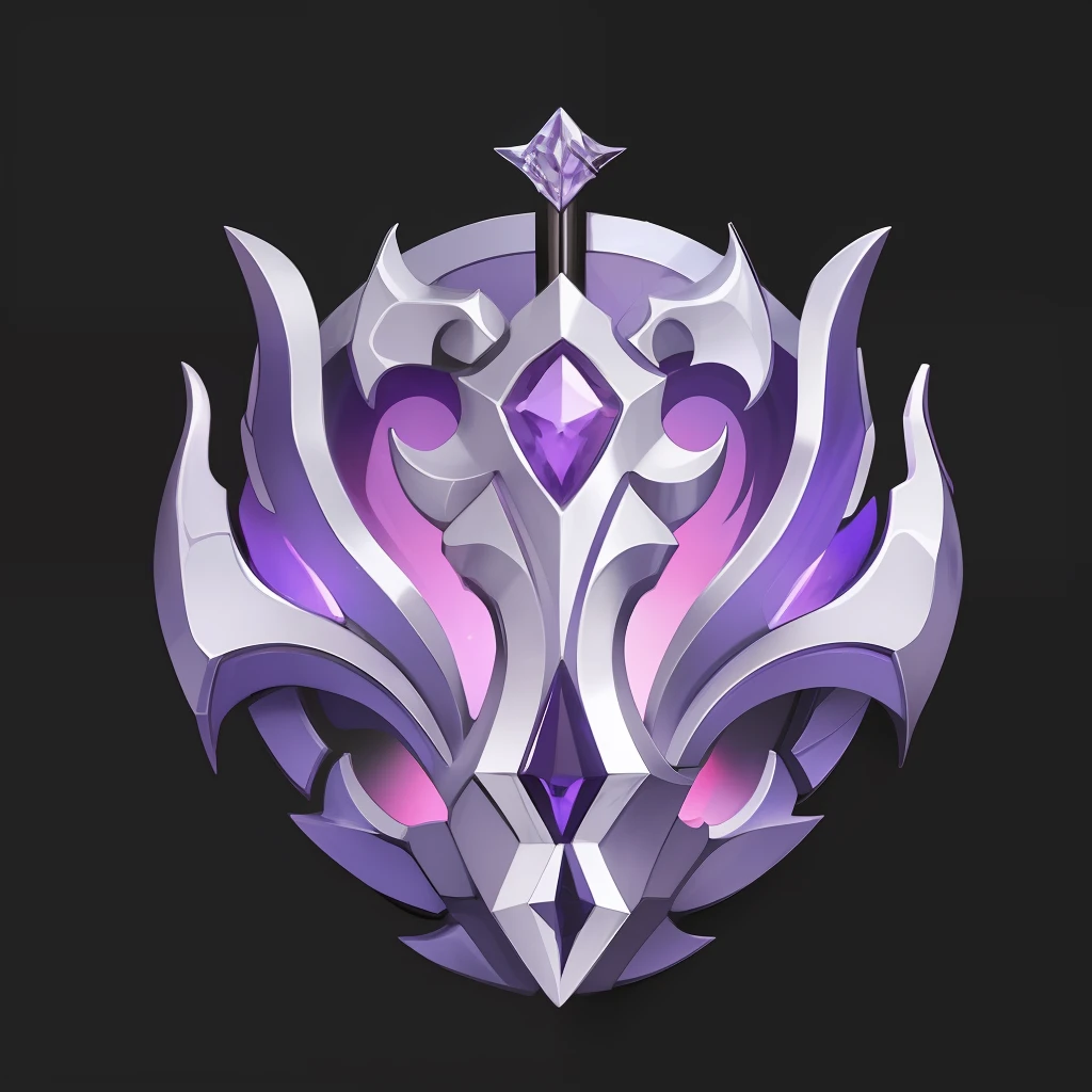 Badge props，Game item icons，tmasterpiece， （ultra - detailed），White and purple color scheme，A long sword，Simple structure，Self-luminescence，Metallic pattern，Structurally sound，Metallic pattern，Set with purple gemstones，gameicon，PRG game project，Realistic icons，with black background，simplebackground，