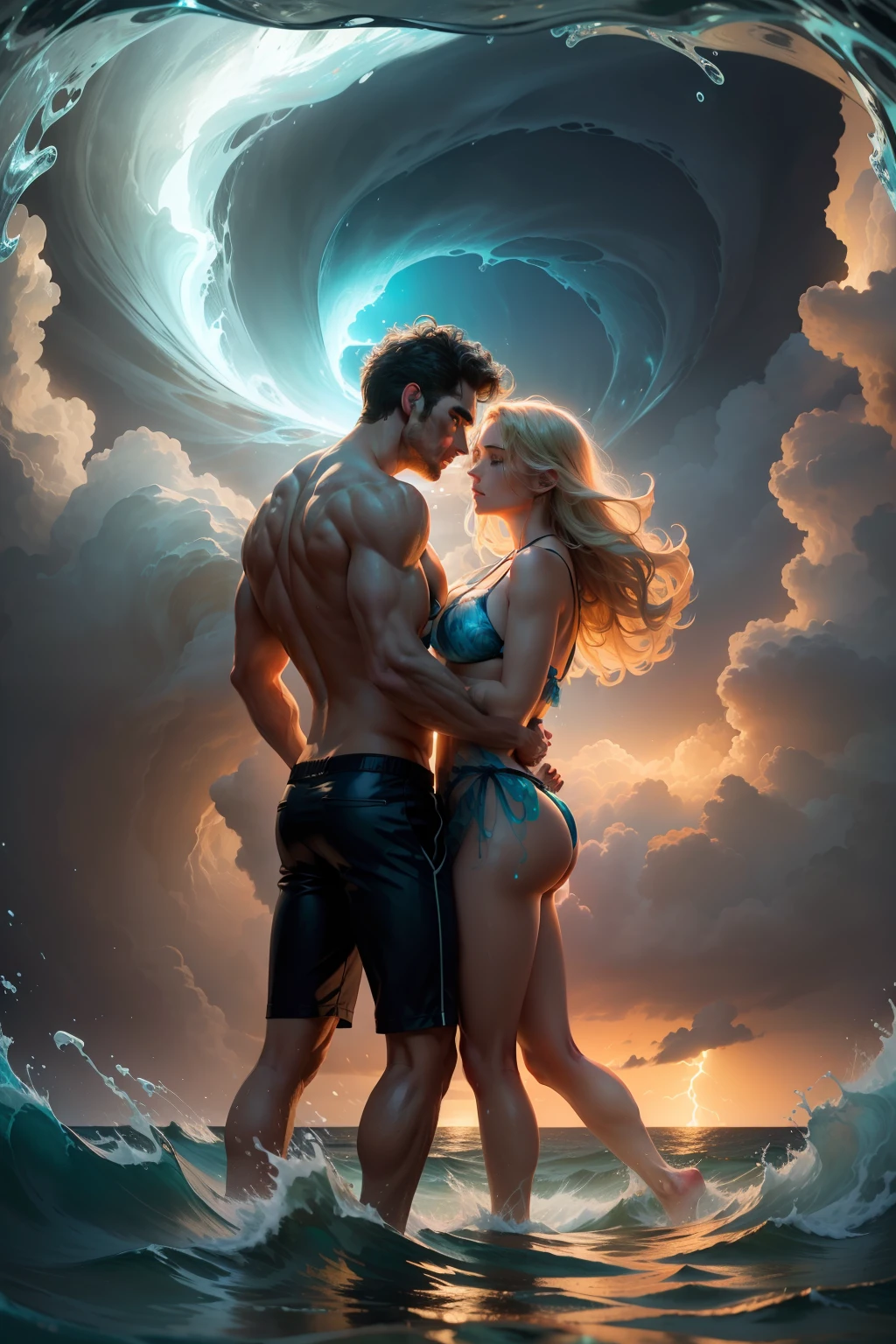Beautiful  Man and Woman in bathing suits bikinis, a swirling stormy sea, with a literal whirlpool of clear blue water, and boiling bioluminescent light, bar lighting, drawn up in a tornado of wind and water, hyperdetailed 24k photorealistic the whole scene swirling