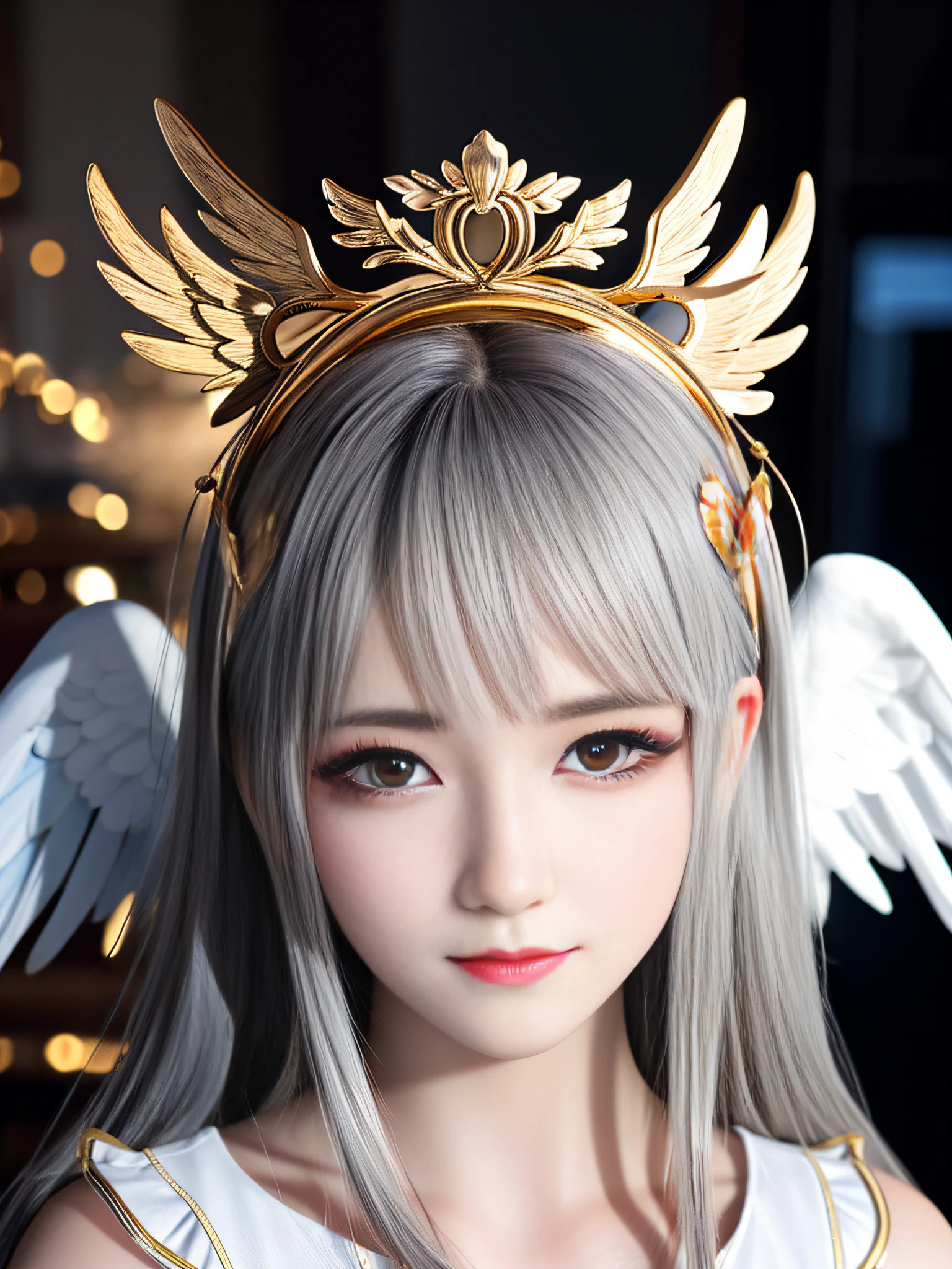 Masterpiece, Best quality, Ultra-detailed, illustration, Close-up, straight on, Face focus, 1girll, White hair, Golden eyes, Long hair, Halo, Angel wings, Serene expression, view the viewer