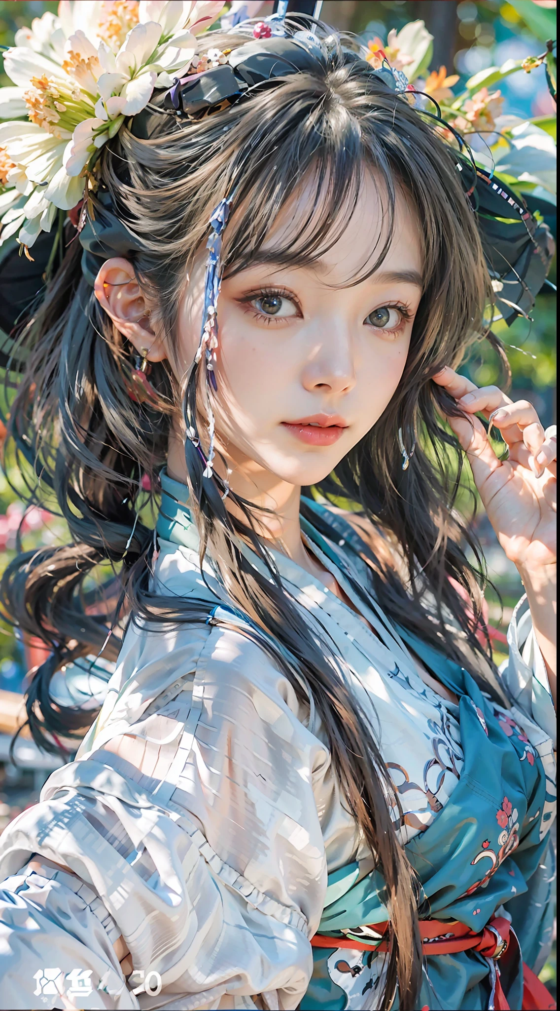 ulzang-6500-v1.1,(RAW photo:1.2), (Photorealistic:1.4), Beautiful Meticulous Girl, very detailed eyes and faces, Beautiful detailed eyes,  hugefilesize, ultra - detailed, A high resolution, The is very detailed，（（gigantic cleavage breasts，Liu Shishi））， （chiseled abs：1.1），（perfect bodies：1.1），（long whitr hair：1.2），（black color hair），full body shot shot，（（wearing a hanfu，Wide-sleeved flowery skirt，Blue wide-sleeved flowery skirt 1.6）），（（Dragon Kwai's clothes）），（Very detailed CG 8k wallpaper），（Extremely refined and beautiful），（tmasterpiece），（best qualtiy：1.0），（超A high resolution：1.0），beautiful illumination，perfect lightning bolt，realistic shaded，[A high resolution]，Detailed skins， Hyper-detailing（（（a color））），high realistic。