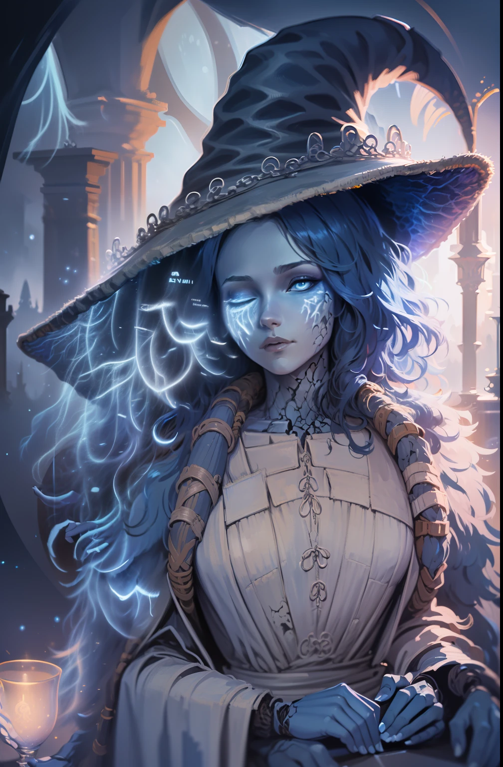 Luna Ranni a woman dressed as a witch , a digital painting, by Yuumei, alphonse mucha and rossdraws, glowing blue, priestess in a conical hat, cgsociety, No more than 2 arms, no more than 2 legs, no more than 5 fingers