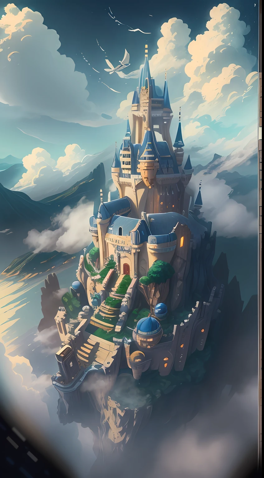 dynamic viewing angle，A castle suspended in the air，greek myth，palaces，Thick clouds are below the castle，in style of hayao miyazaki，Rejoice，Perfect quality，Clear focus（Clutter - home：0.8）， （tmasterpiece：1.2）， （realisticlying：1.2） ，（Bokeh）， （best qualtiy）， （detailedskin：1.3） ，（complexdetails）， （8K）， （detailedeyes） ，（Sharp focus），,（having fun），（Award-winning digital artwork：1.3） af （sketching：1.3），（with dynamism：1.3）,studiolight,Theme