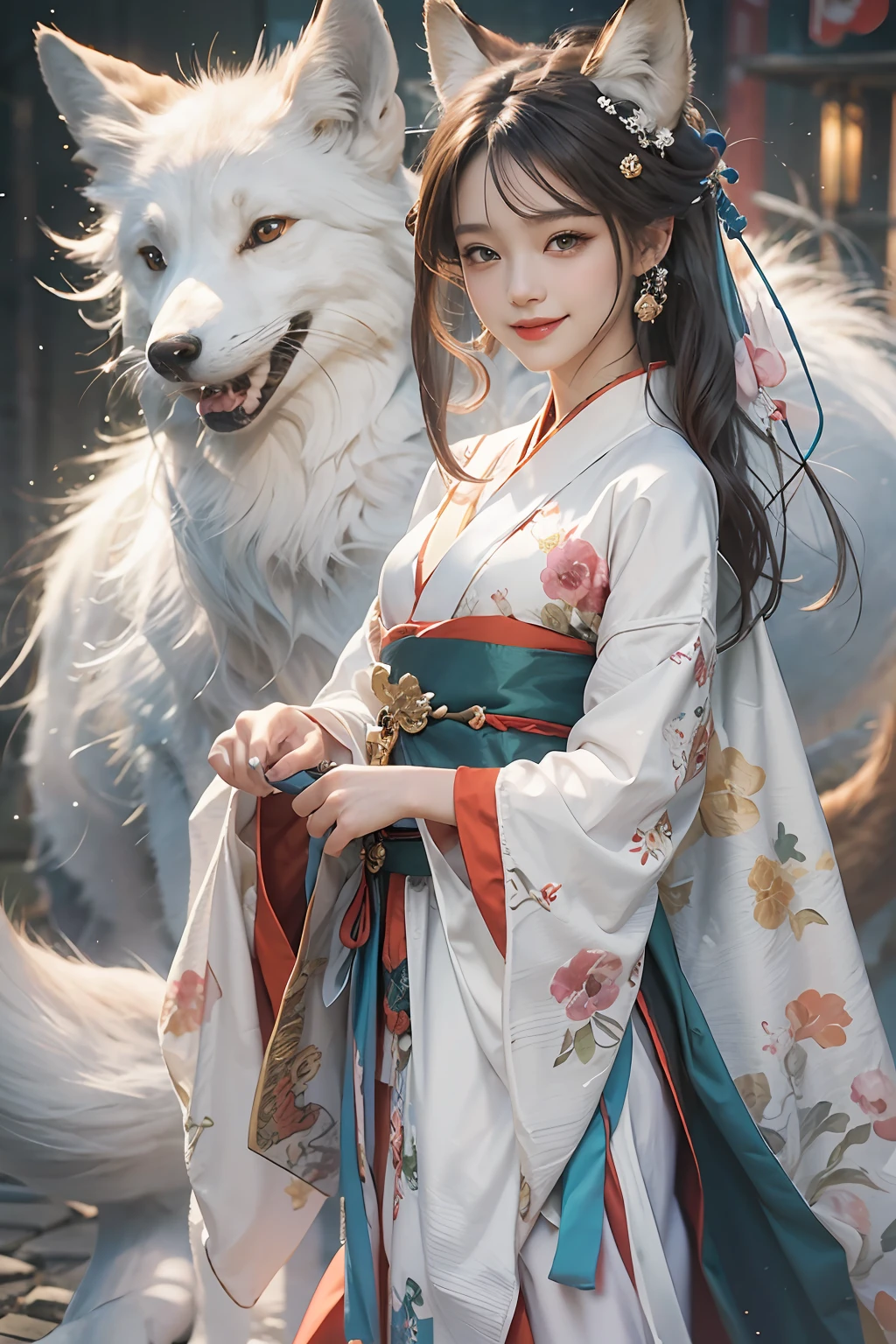 (masterpiece), (best quality), realistic, photorealism, 1girl, beautiful girl, perfect face, perfect body, sexy, girl with fox ears, smile, Hanfu