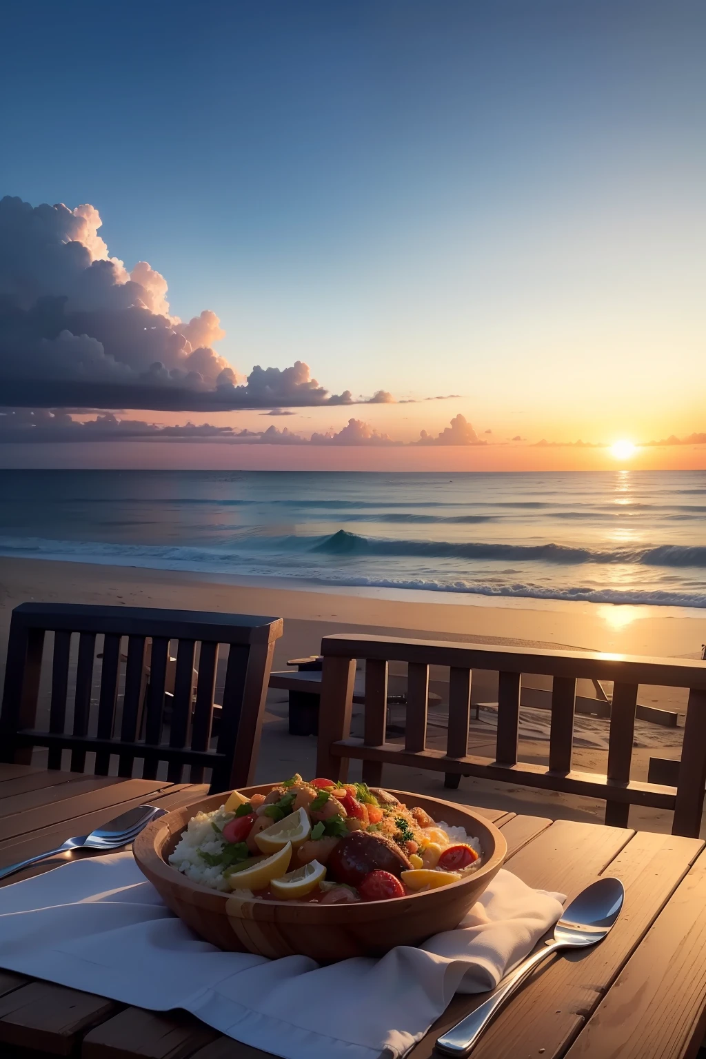 Table with Spanish food on the beach with ocean and waves in the background, sunny evening clouds