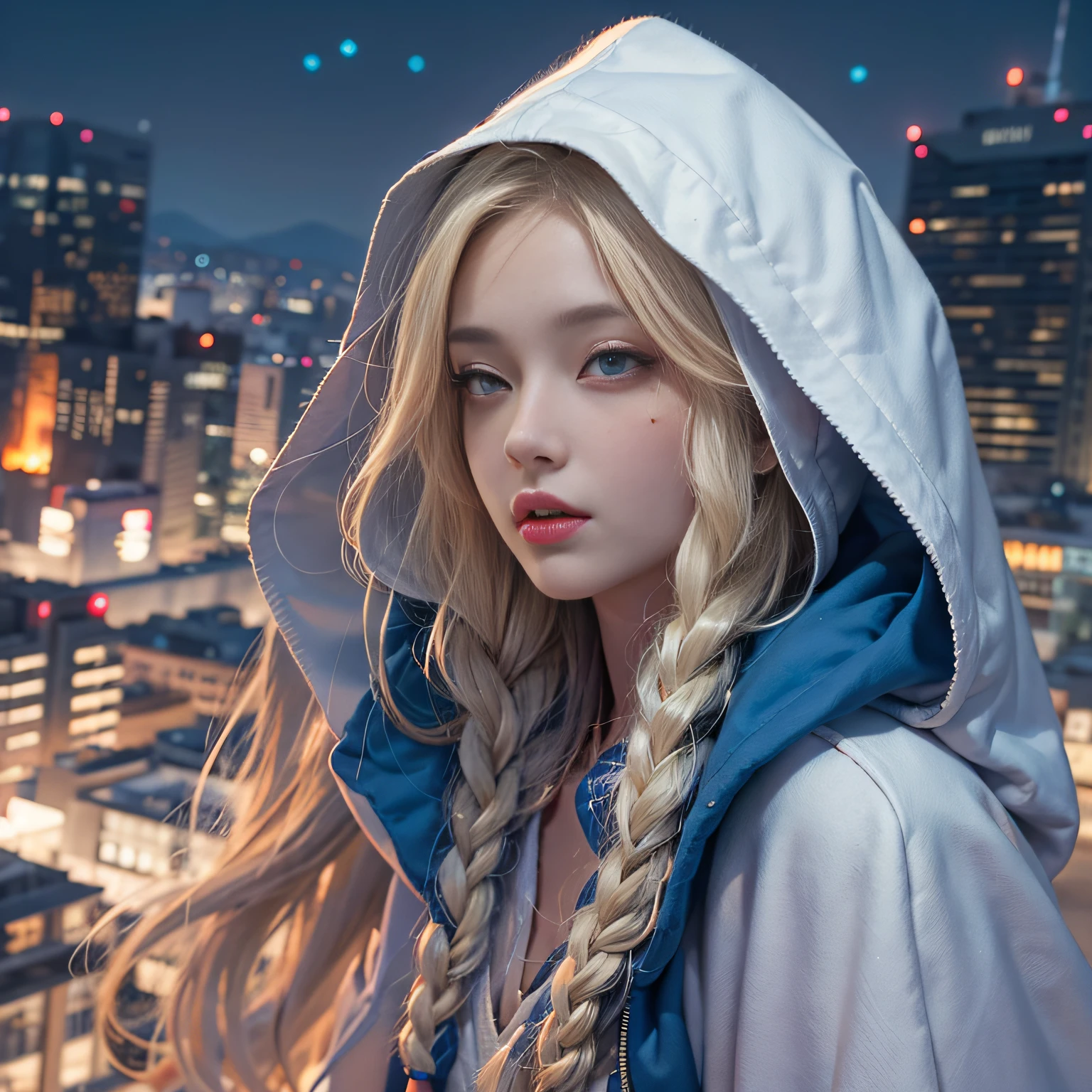 Warm color environment，Rooftop，the night，Blonde girl，long whitr hair，Small braids on both sides，Blue-white headband，Dressed in a white hooded cloak，Medium build，Moles under eyes，Detailed background，detail-rich