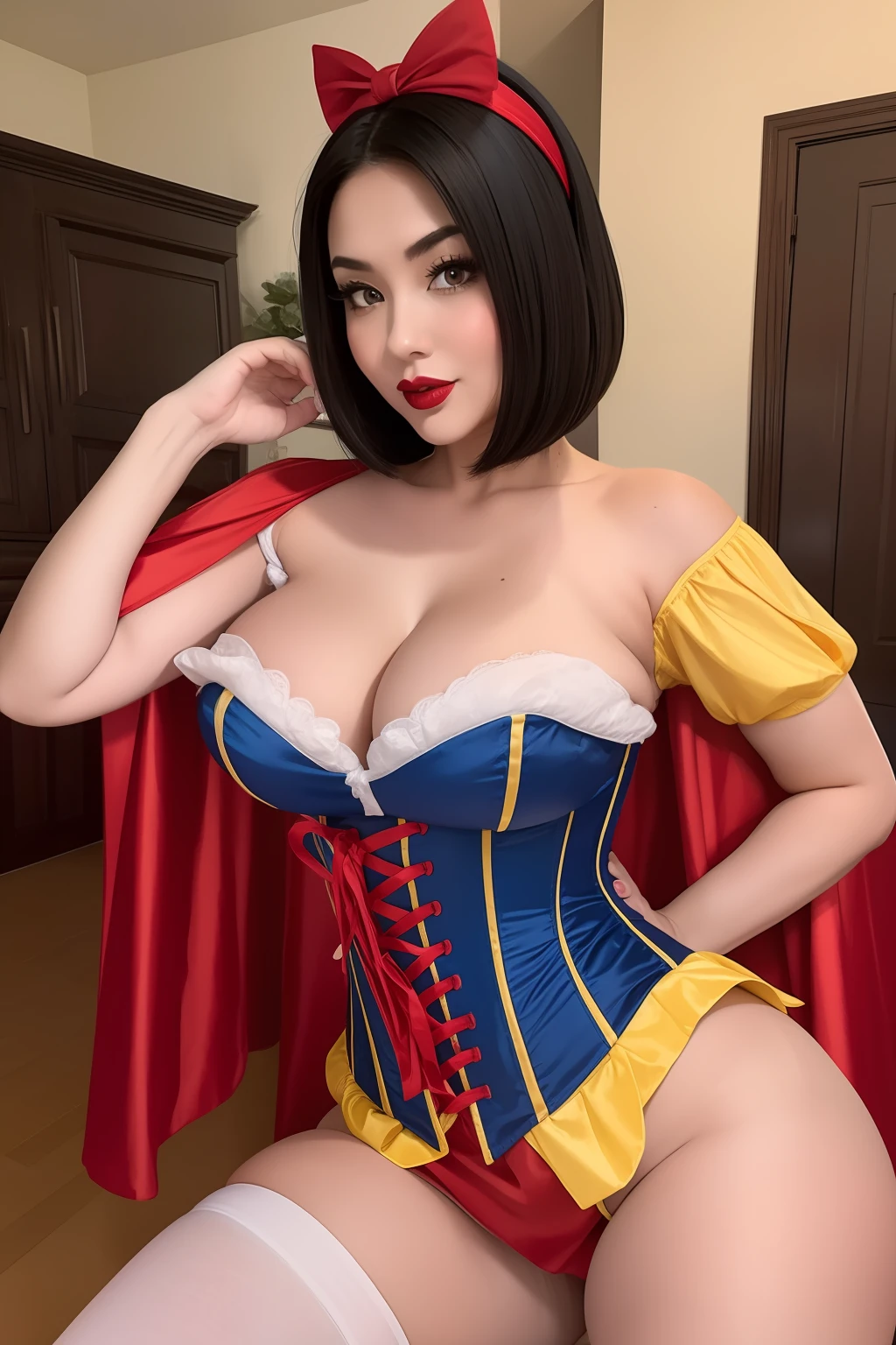 Beautiful chinese milf, snow white cosplay, blue corset, yellow pleated skirt, red and white slashed shoulder sleeves, black bob hair, red headband, red cape, silk, satin, photorealistic, masterpiece, best quality, beautifully detailed face, detailed skin, white leggings, sexy, 45 years old, slightly overweight, thick thighs