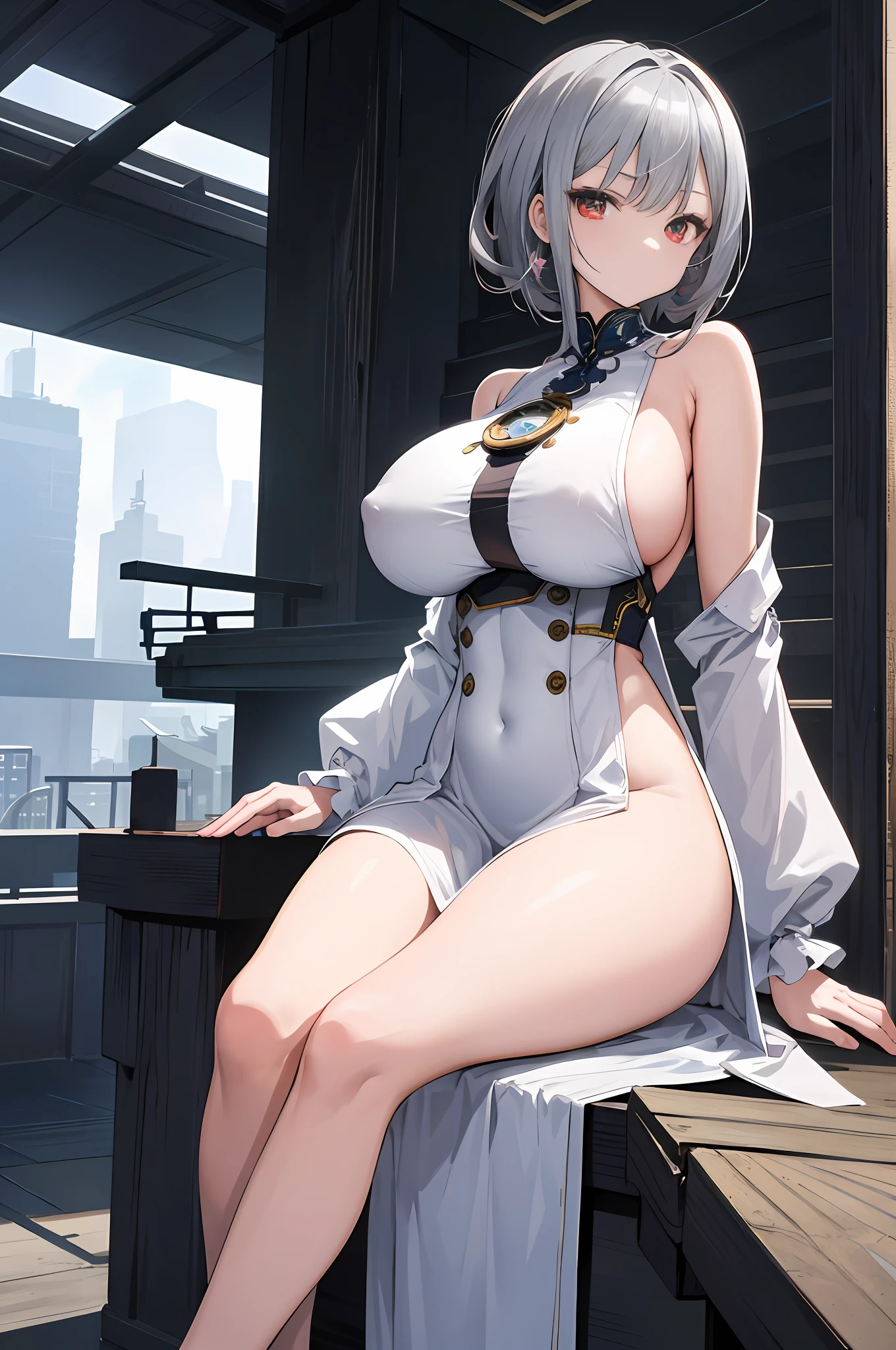 masterpiece, top-quality, high_resolution, fine detailed, highly detailed and beautiful, Distinct_image, 1 rapariga, 独奏, , A dark-haired, red eyes, (huge-breasted), (tits out),((Silver-haired long))Anime girl sitting on stair railing while looking at futuristic city,