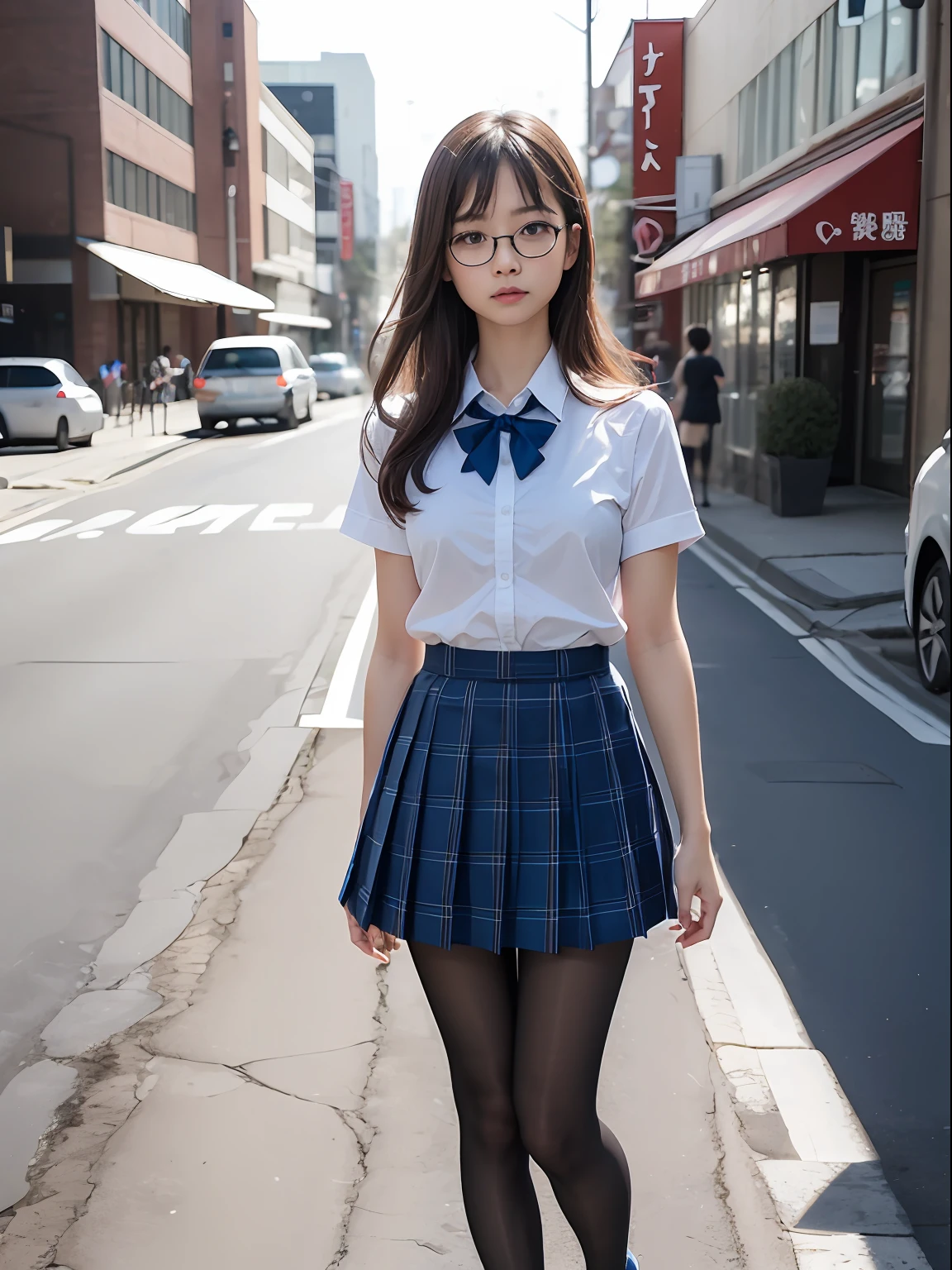 (8K、Raw photography、top-quality、masterpiece:1.2),Bullish,Muchimuchi,Erotic,Pupils,Light Blue Bra,de pele branca,kne,(Black pantyhose),absurderes,a small face,small tits,flat breast,Parting the bangs from the middle、Forehead visible,(a cold expression,Tight eyes,glares,Bullish,skinny,Rasping,irate)、masterpiece,top-quality、超A high resolution,Raw photo,ren,Beautiful fece,One Person, 独奏,eye glass,,Dark look,Small breasts,fullllbody,Round glasses、cute little、Back to Student,JK school uniform,hi-school girl,A Japanese Lady,is standing,(Photorealsitic:1.37)、Photon mapping,Realistic、Cute little face,Brown-eyed、Black socks、(Red bow tie)、Radio City、Physically Based Rendering、Foreground、depth of fields、Blurry background、a picture,The girls、Body,beauty legs, Long legs, Thin leg,shorttwintail,(Bangs are visible), hair, s lips, Blue_The eye, nosesoft,(Light blue shirt), (Navy and blue and white plaid pleated skirt), Knees are visible,Sheer clothing,, Thigh, Black cotton socks,Nogizaka Idol, 女優, Japanese ido
