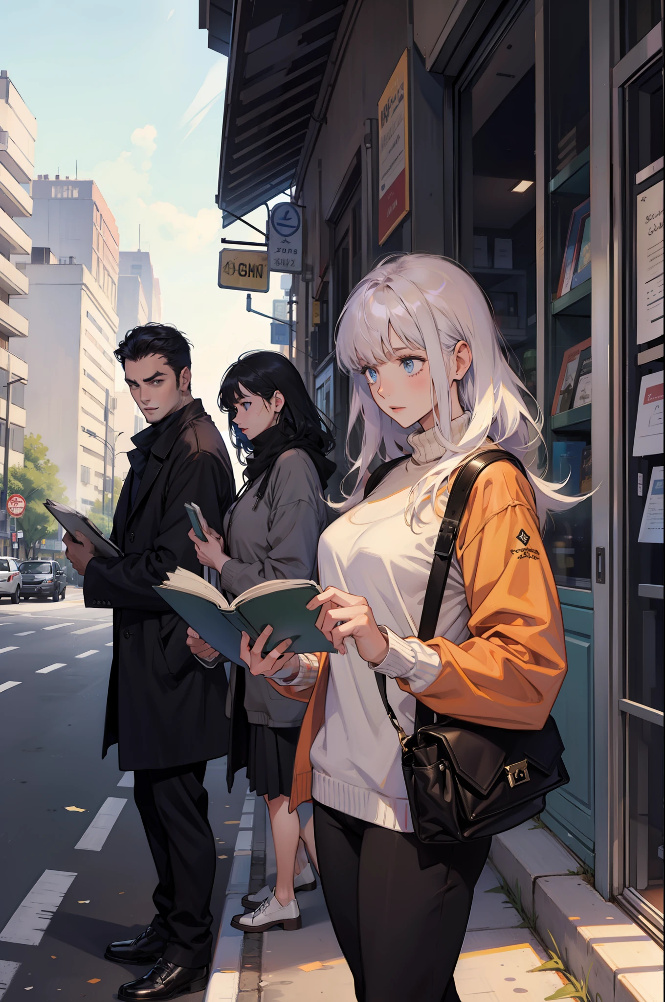A group of people reading on the road