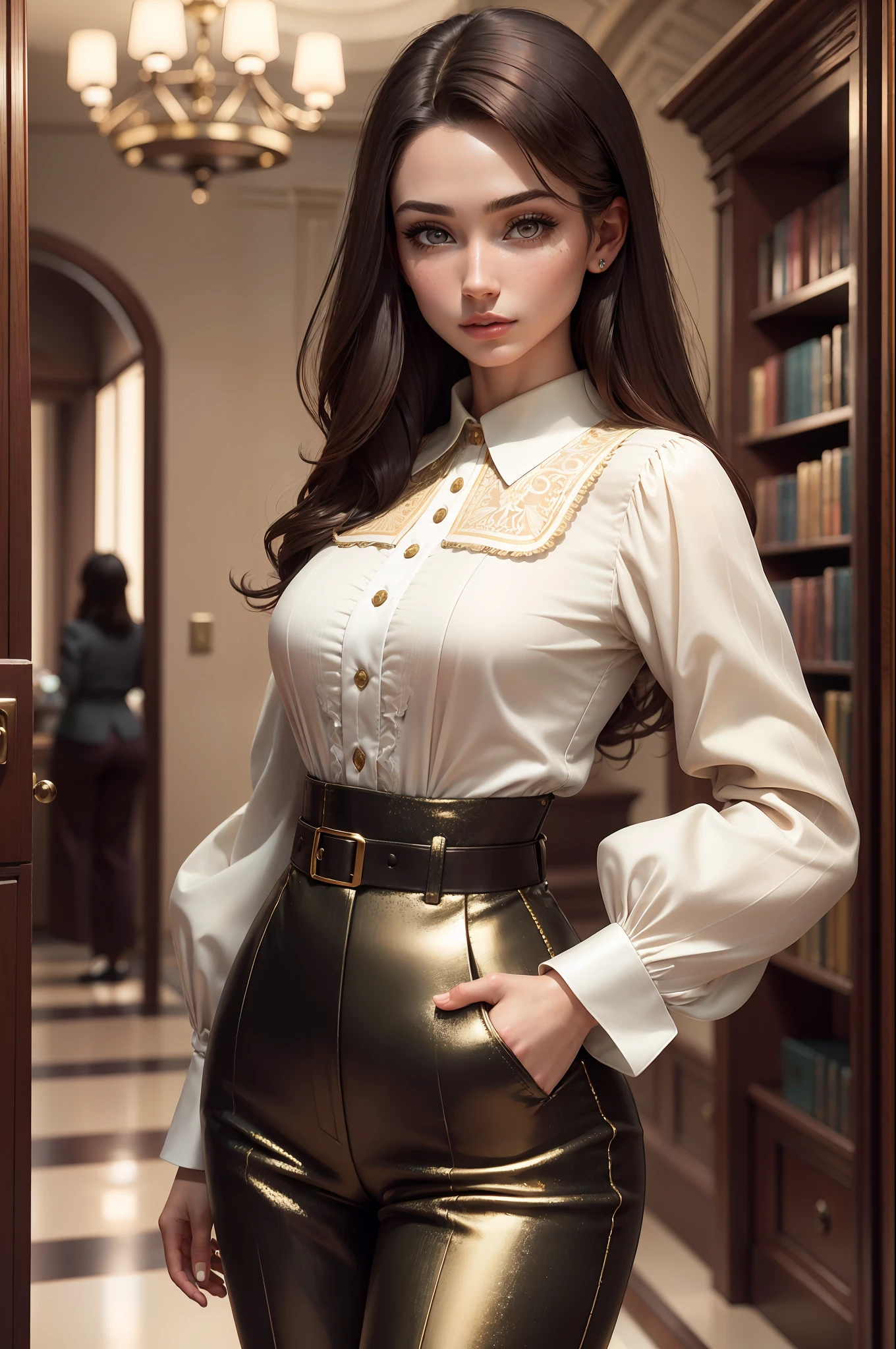(1girl, 1person), (insanely detailed and intricate, hyperrealistic,  upper body portrait), an (Elegant European (female in her Early twenties with a  Petite body):1.3), (Flirty, flipped-out ends hairstyle), (natural colored eyes:1.15), (wearing Long-sleeve blouse and trousers:1.4), (Majestic library with spiral staircase:1.225), (imperfect skin, (extremely detailed skin,beauty marks:1.25)), Bloom,Bokeh, Cinematic, Film Grain, Ray Tracing Reflections, Chromatic Aberration, hypermaximalist, elegant, hyper realistic, super detailed,