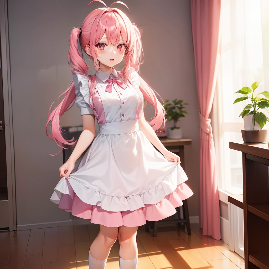 Anime style、女の子1人、full bodyesbian、show the grinps、{hairstyle on：（Pink hair)、(Longhaire),(Twin-tailed),(Antenna Hair)}、Pink eyes、Pink maid clothes、Mini skirt with pink ruffles、White High Socks、to stand、Pink sneakers、Front composition