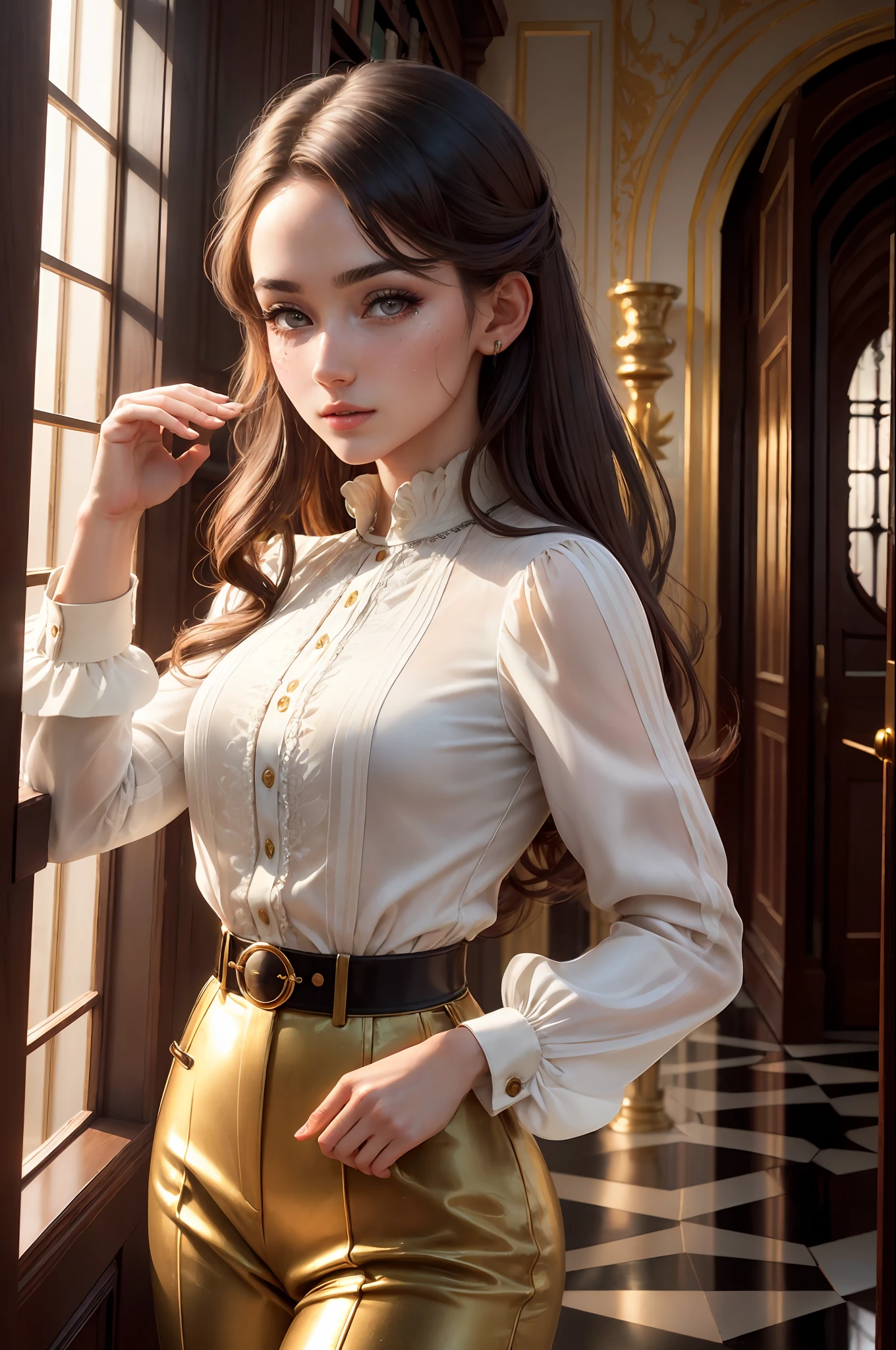 (1girl, 1person), (insanely detailed and intricate, hyperrealistic,  upper body portrait), an (Elegant European (female in her Early twenties with a  Petite body):1.3), (Flirty, flipped-out ends hairstyle), (natural colored eyes:1.15), (wearing Long-sleeve blouse and trousers:1.4), (Majestic library with spiral staircase:1.225), (imperfect skin, (extremely detailed skin,beauty marks:1.25)), Bloom,Bokeh, Cinematic, Film Grain, Ray Tracing Reflections, Chromatic Aberration, hypermaximalist, elegant, hyper realistic, super detailed,