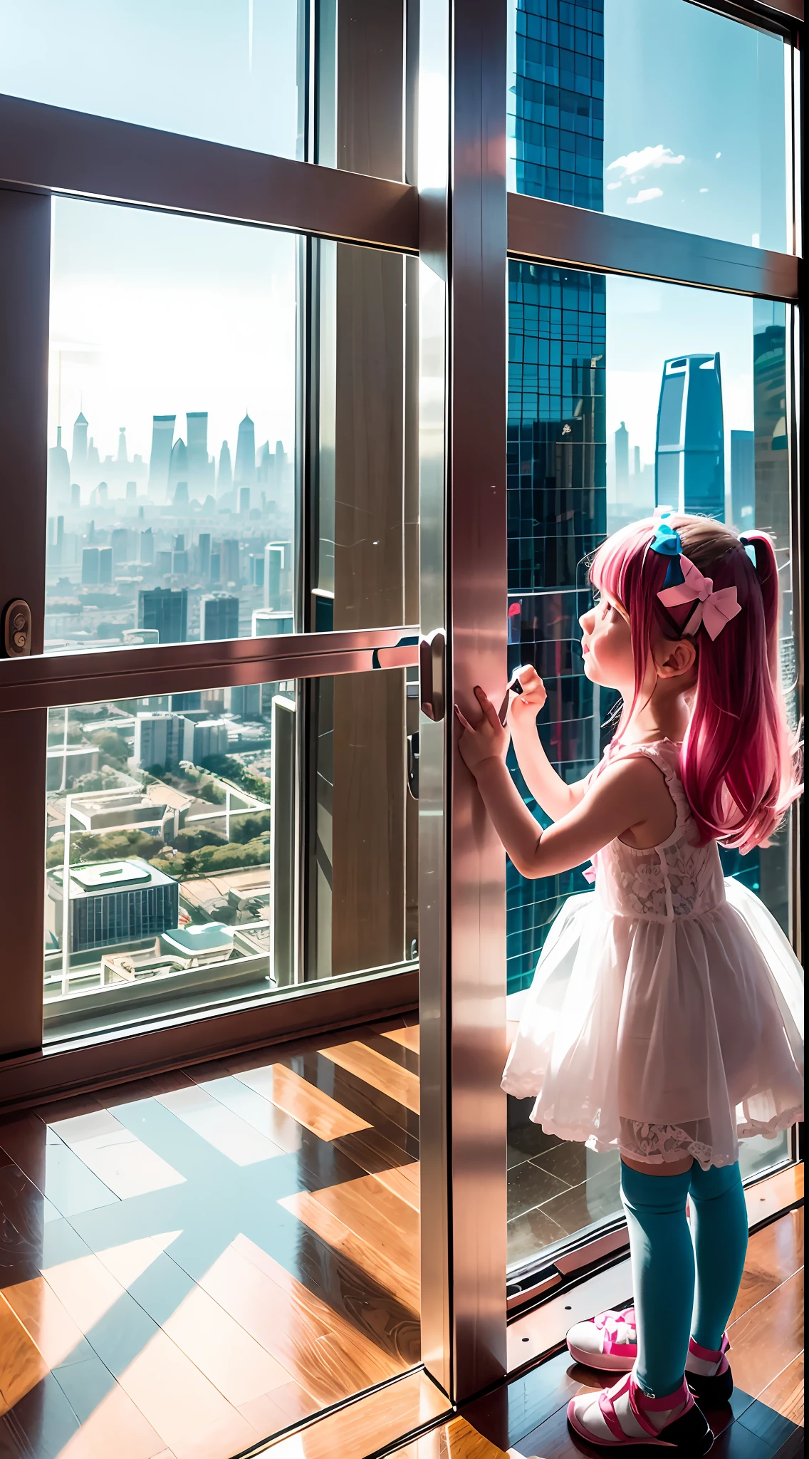 Floor-to-ceiling windows in the living room on the 180th floor of the Shanghai Tower door，Two little girls in openwork translucent stockings holding toys，Pout，Pink double-tailed hair and cyan eyes，Anime little girl in servant costume