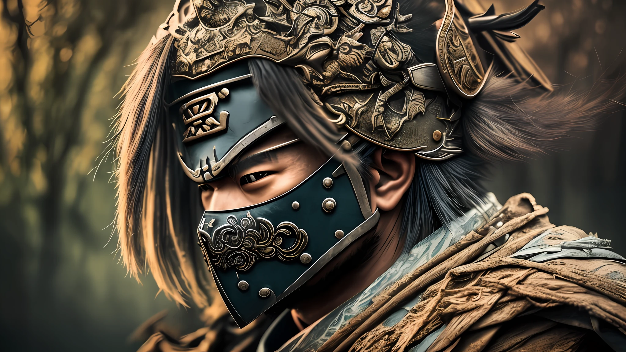 ((Best quality)), ((masterpiece)), (highly detailed:1.3), 3D, ninja samurai in forrest with oni face mask, oni style, cyperpunk, armor, dark, sinister, weapons, fog, face portrait, smoke, HDR (High Dynamic Range), Ray Tracing, Super-Resolution --auto --s2