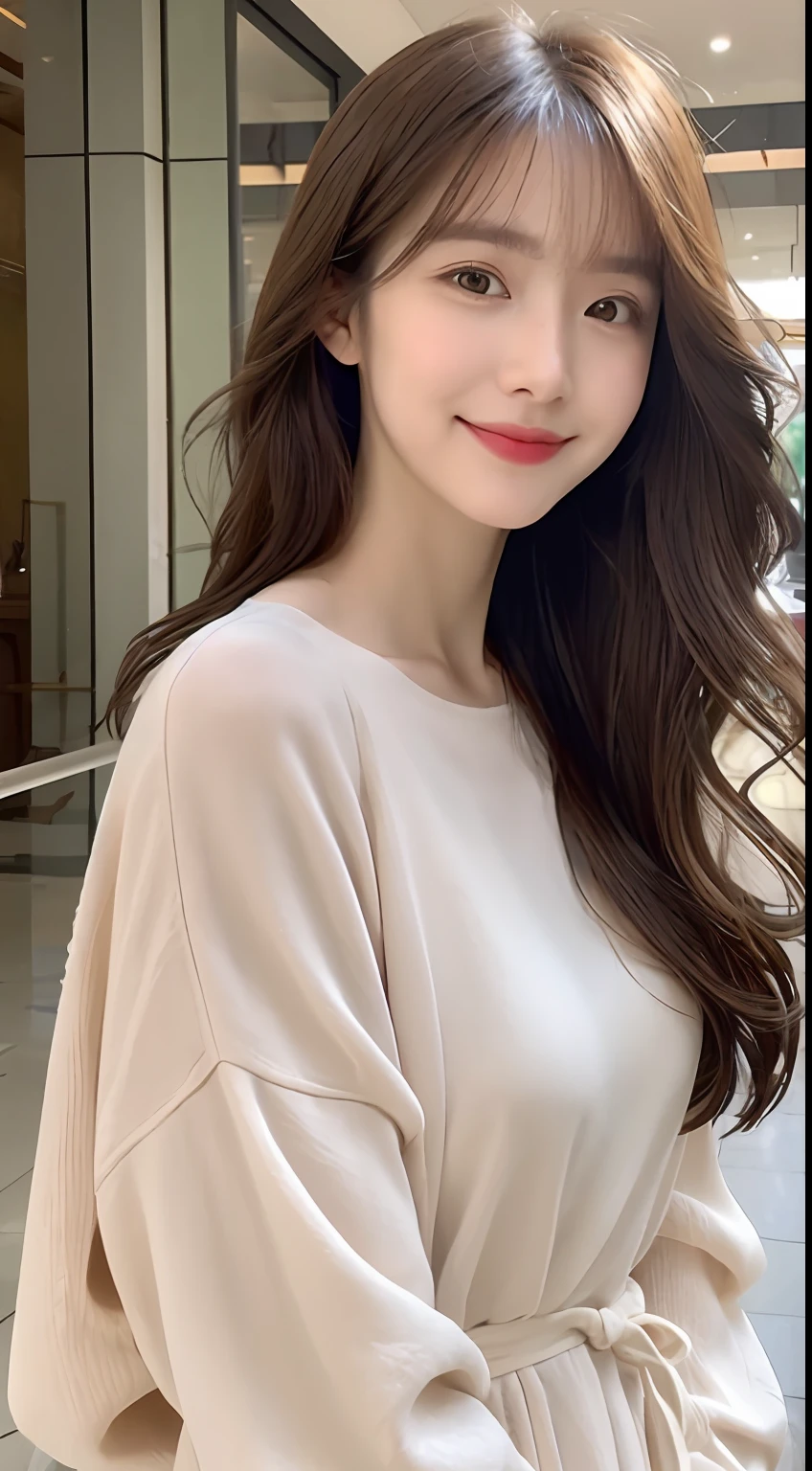 ultra best quality、half-body photo of a korean girl, A girl about 30 years old、Very beautiful, Delicate and delicate(Light makeup)、brown haired、A sweet smile、Delicate and beautiful fair skin、Realistic and realistic、delicate and complete facial features、detailed face depiction、High Nose Bridge、red-lips、Beautiful, calm and mature、flowing smooth hair、extremely delicate hair、soft temperament、Facial light、Surreal and Real、8K picture quality、 Extreme details, Realistic details, master work, Realistic extremes, Body, Absolutely beautiful, pure lust, stunning beauty, matchless beauty, The highest image quality, 8K分辨率, goddes, A smile, Fine facial features, Hair on the shoulders, brown haired, long thick legs, rays of sunshine, toward to the camera, Well-proportioned and solid figure, eyes gentle, Exposed thighs, Standing posture, at a mall,With bangs、Korean Curly Hair