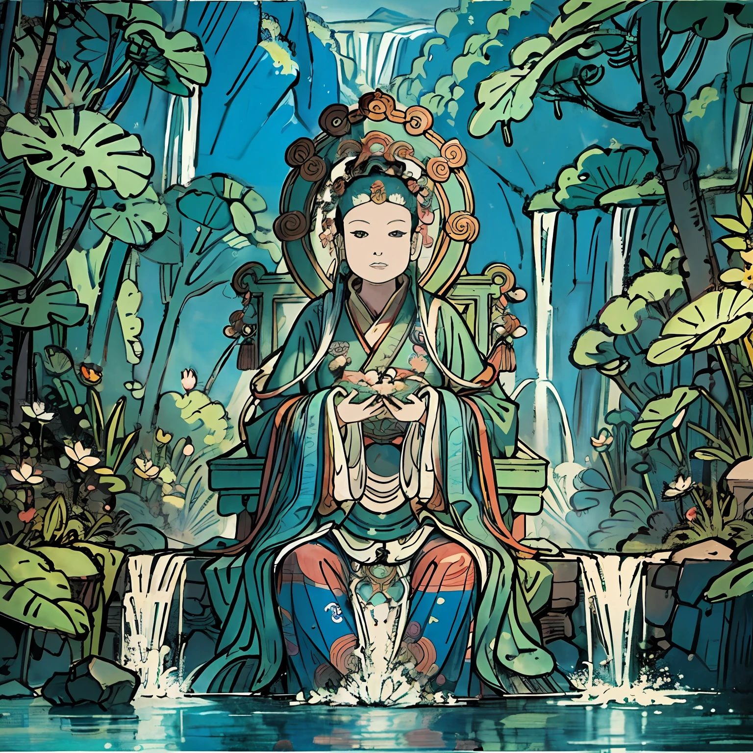 Guanyin sits on a lotus throne, Guanyin Bodhisattva, Avalokitesvara, Chinese temples scattered in the forest not far away, Waterfalls pour into lakes or streams in the background, Mountains and small lake of Briante in the background, lotus flowers in the foreground, Clear and clear fingers, Clear and distinctive toes, Clear and vivid facial features,jewelry, leafs,