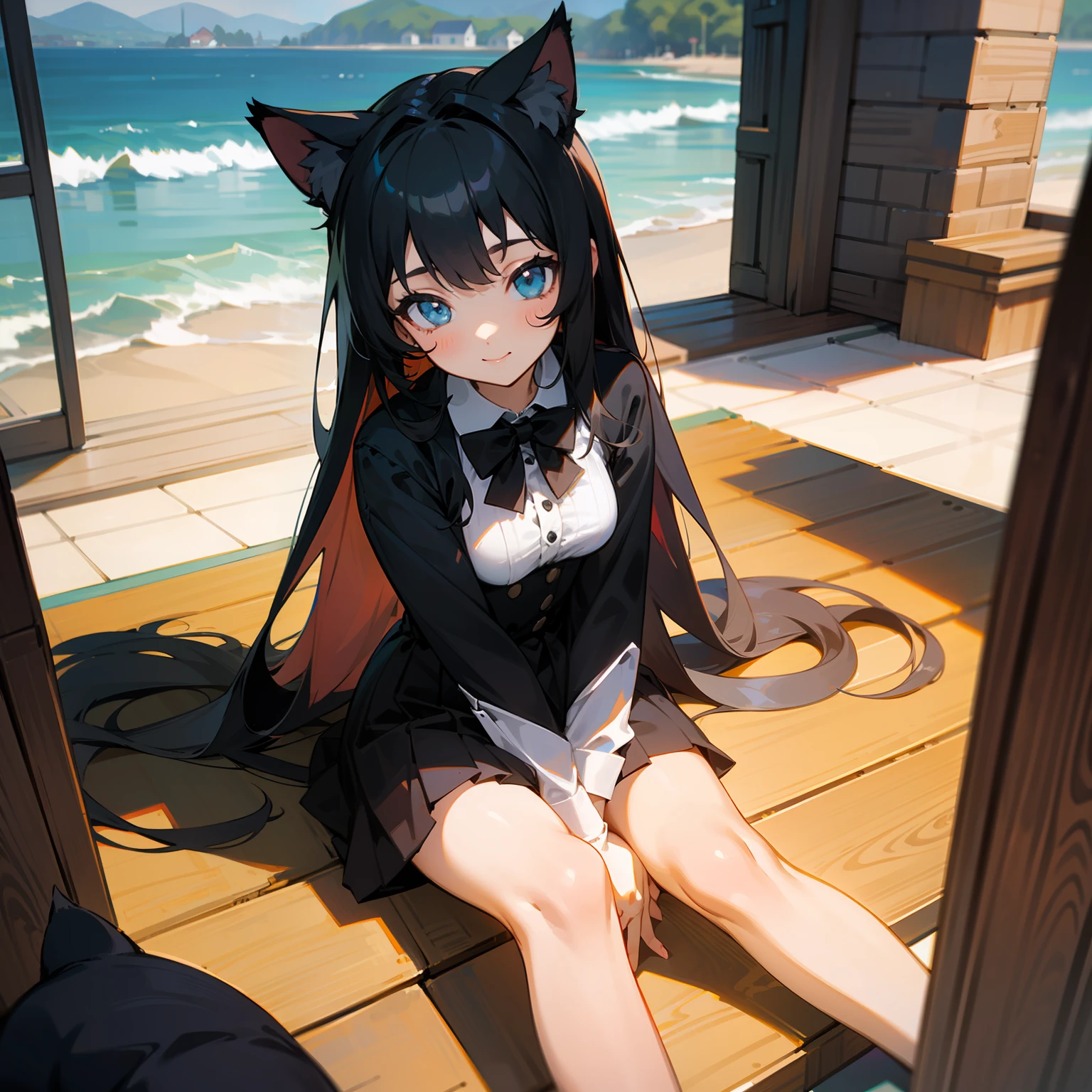 Sea side cottage in the afternoon，Cute girl with long black hair，staring right into camera，sitting down on the floor，Wear a black bow tie，cat ear，jk