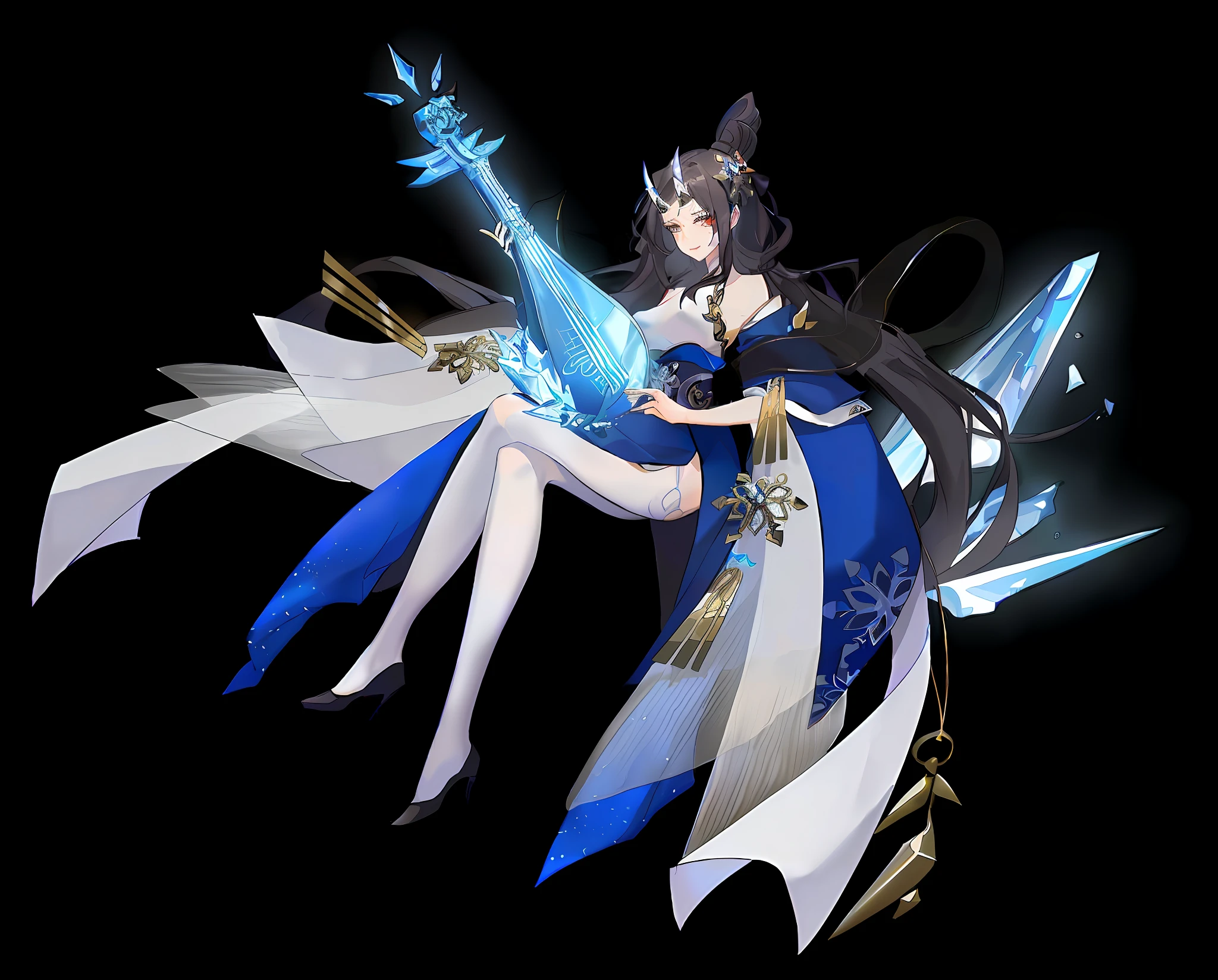 anime girl with a sword and a blue dress, Onmyoji detailed art, Ayaka Genshin impact, Keqing from Genshin Impact, Genshin impact's character, full-body xianxia, zhongli from genshin impact, onmyoji, Beautiful celestial mage, ayaka game genshin impact, 《azur lane》role, onmyoji portrait((masterpiece, best quality)), (1girl),((mature female)), lightpink hair, halo, horn, ((office lady )),bangs,middle breast,(busty),slim,smile, [wide hips],office,standing, aru \(blue archive\),