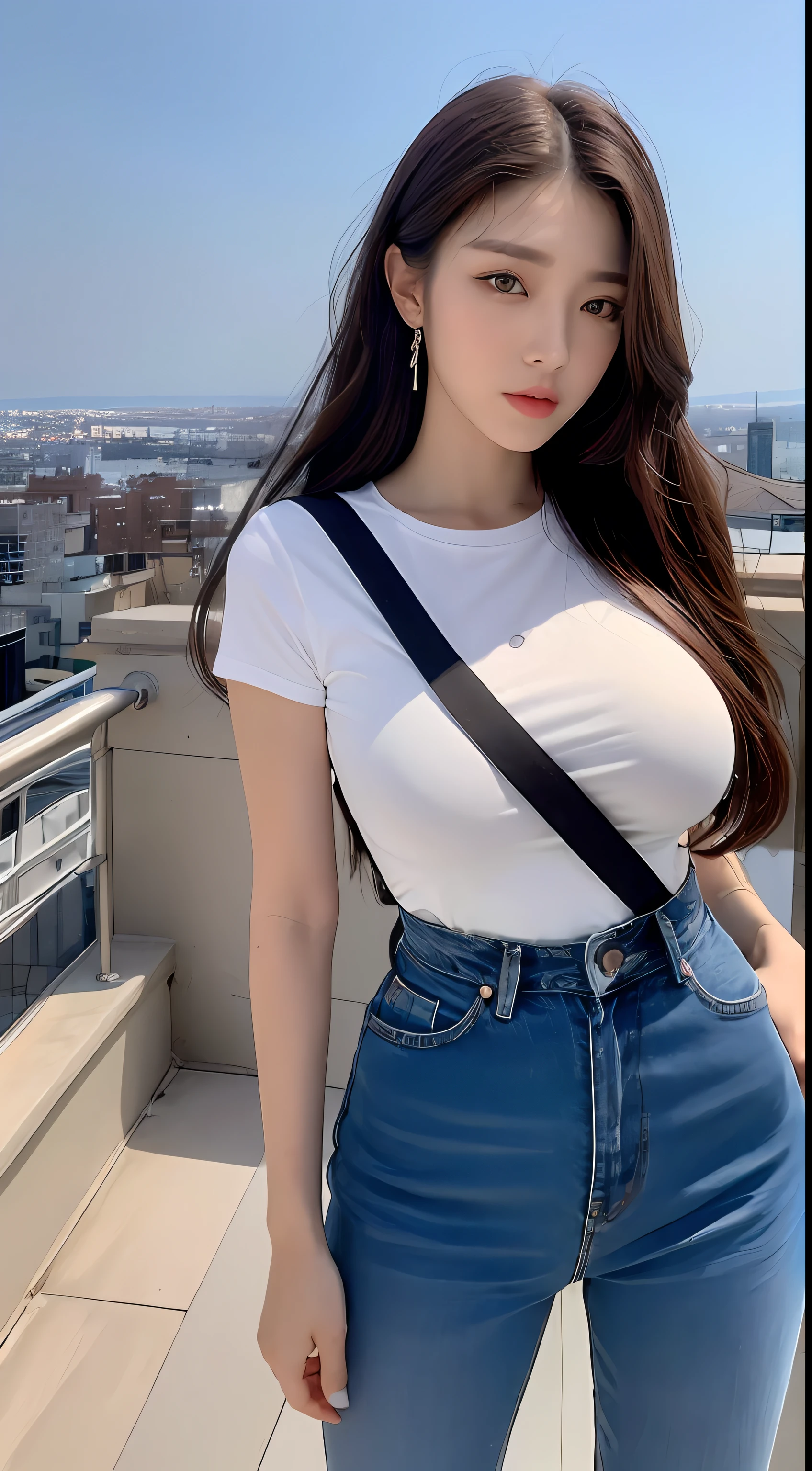 ((Midnight, Best quality, 8k, Masterpiece :1.3)), Whole body, Long legs, Sharp focus :1.2, A pretty woman with perfect figure :1.4, Slender abs :1.1, ((Dark brown hair, Big breasts :1.2)), (White tight tshirt, Jean bib, Standing:1.2), ((Night city view, Rooftop:1.3)), Highly detailed face and skin texture, Detailed eyes, Double eyelid
