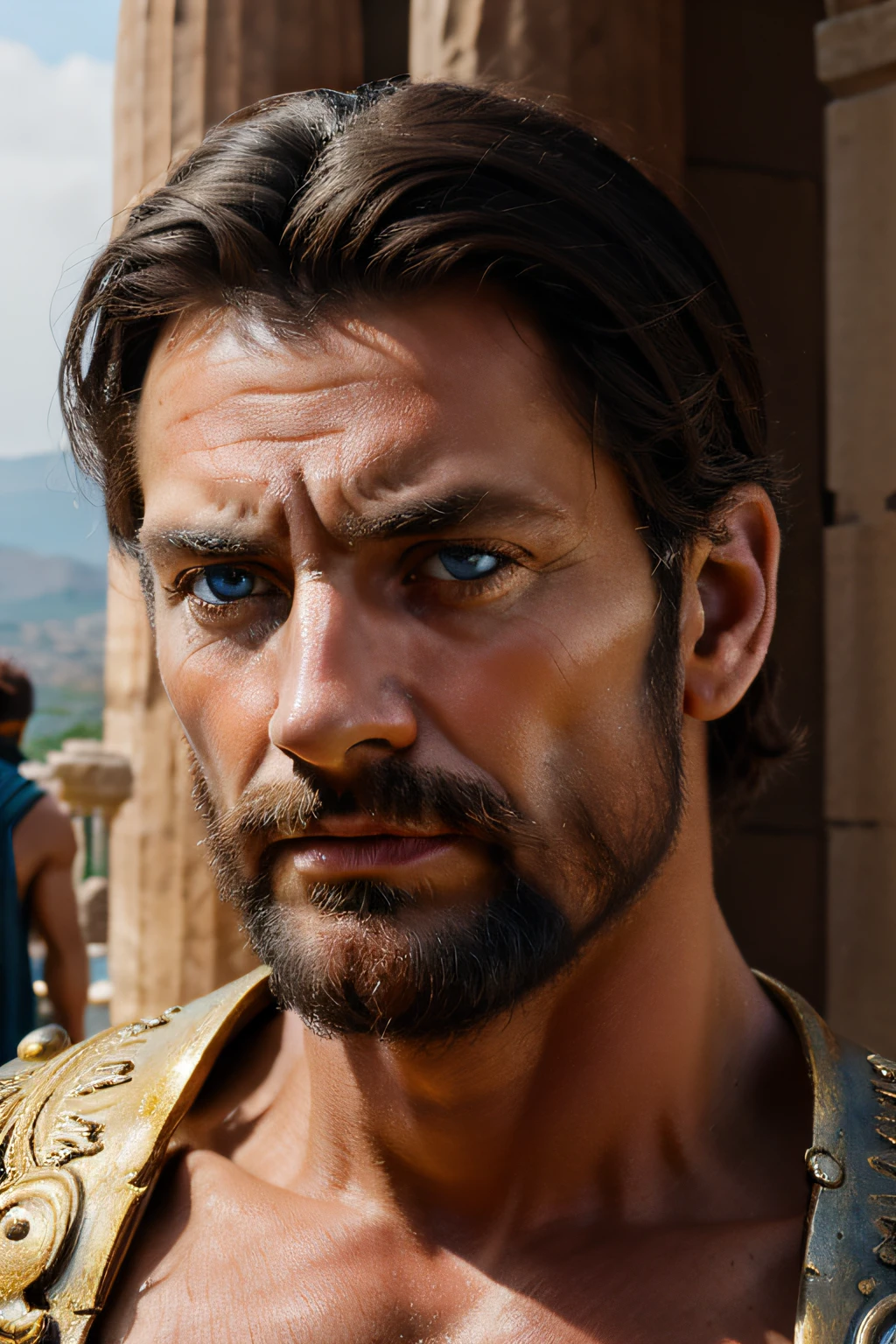 ancient rich and famous man with the blue eyes, hyper-realistic photo, 8k, stoic, Ancient Greece, wise, 50 years old