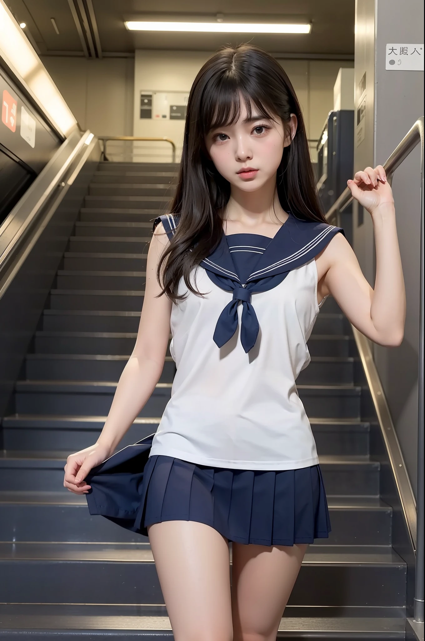 Photo Real、photoRealstic　hi-school girl、stairway、Stand at the top of the stairs、posterior view、backs、pov from down、Close to your feet　shorth hair、Dark hair　a sailor suit、Navy blue skirt、a short skirt　tiny body、Lolita、skinny  body、Soft thighs、childish、vaginal、Female genitals、anal、masturbation、dildo、Masturbation、エロ、Sperm、sperm　train station stairs、Stairs at Japan station