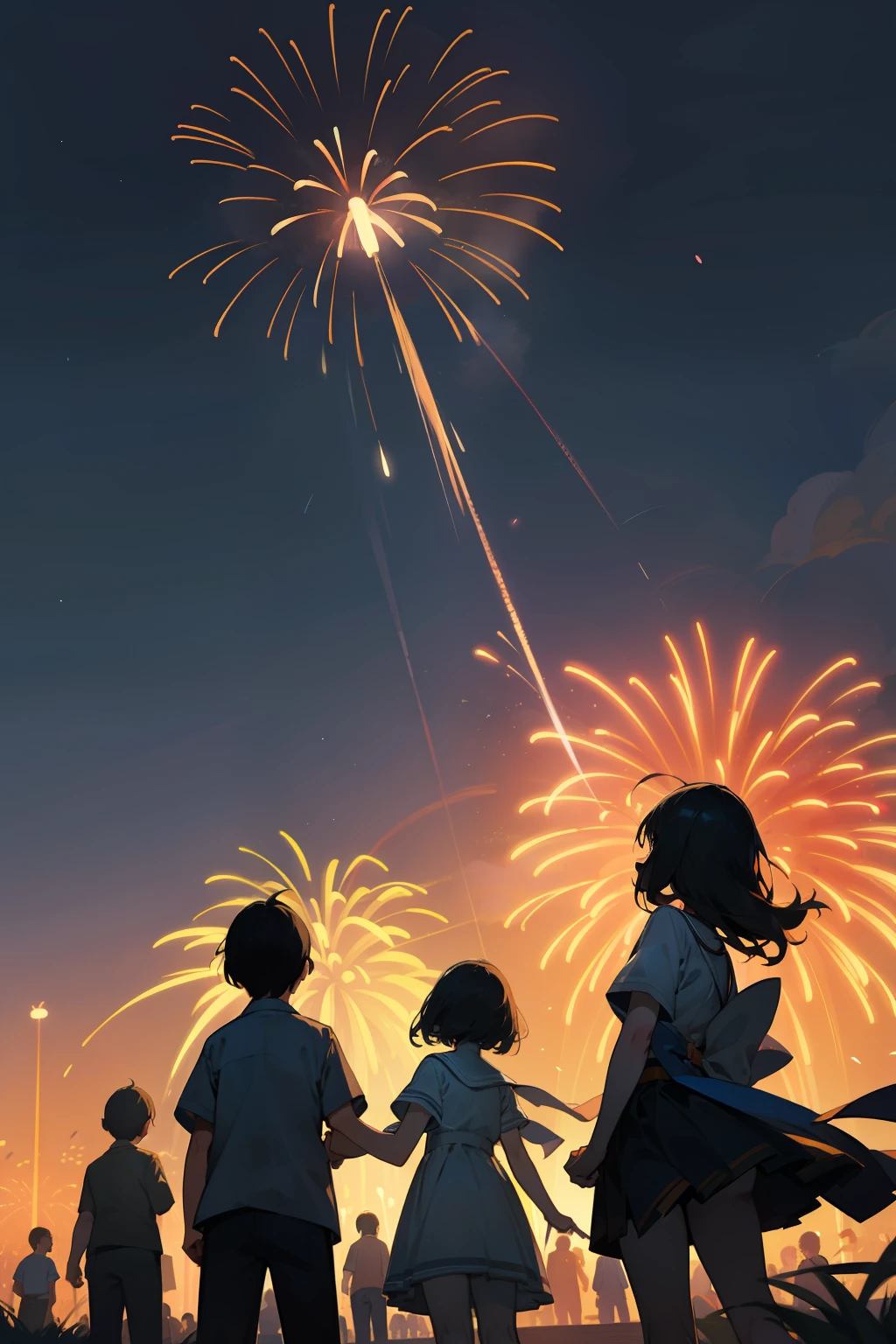 superfine illustration, Best Quality, In the clear night sky, Countless fireworks dance gracefully, And under them, Children looking up curiously. It is a scene wrapped in a fantastic and nostalgic atmosphere.., Reminiscent of memories of past summers.