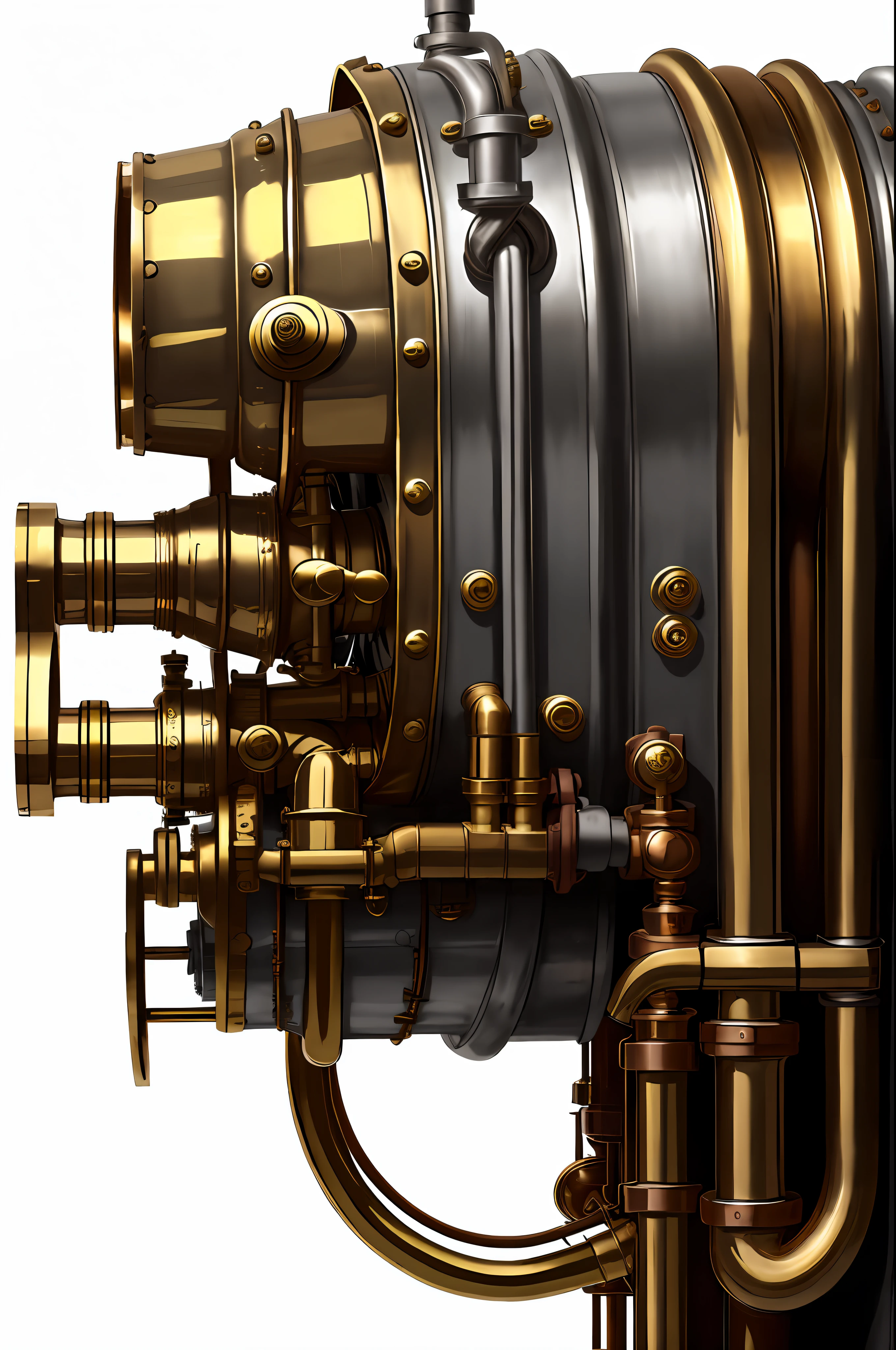 school bus、steampunc、from side view、brass、steel、Great photos of pipes、White background