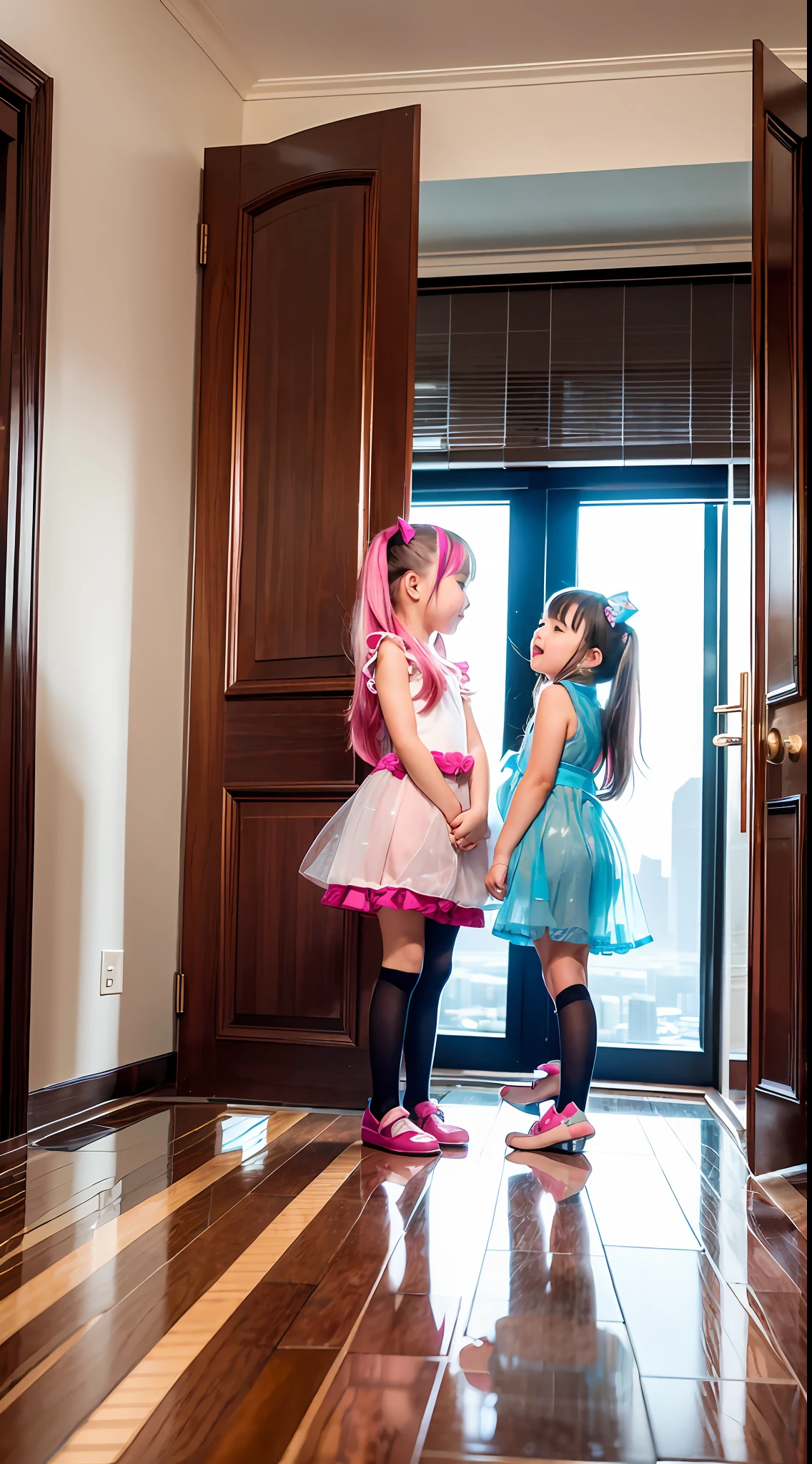 Floor-to-ceiling windows in the living room on the 180th floor of the Shanghai Tower door,Two little girls in openwork translucent stockings holding toys,Pout,Pink double-tailed hair and cyan eyes,Anime little girl in servant costume