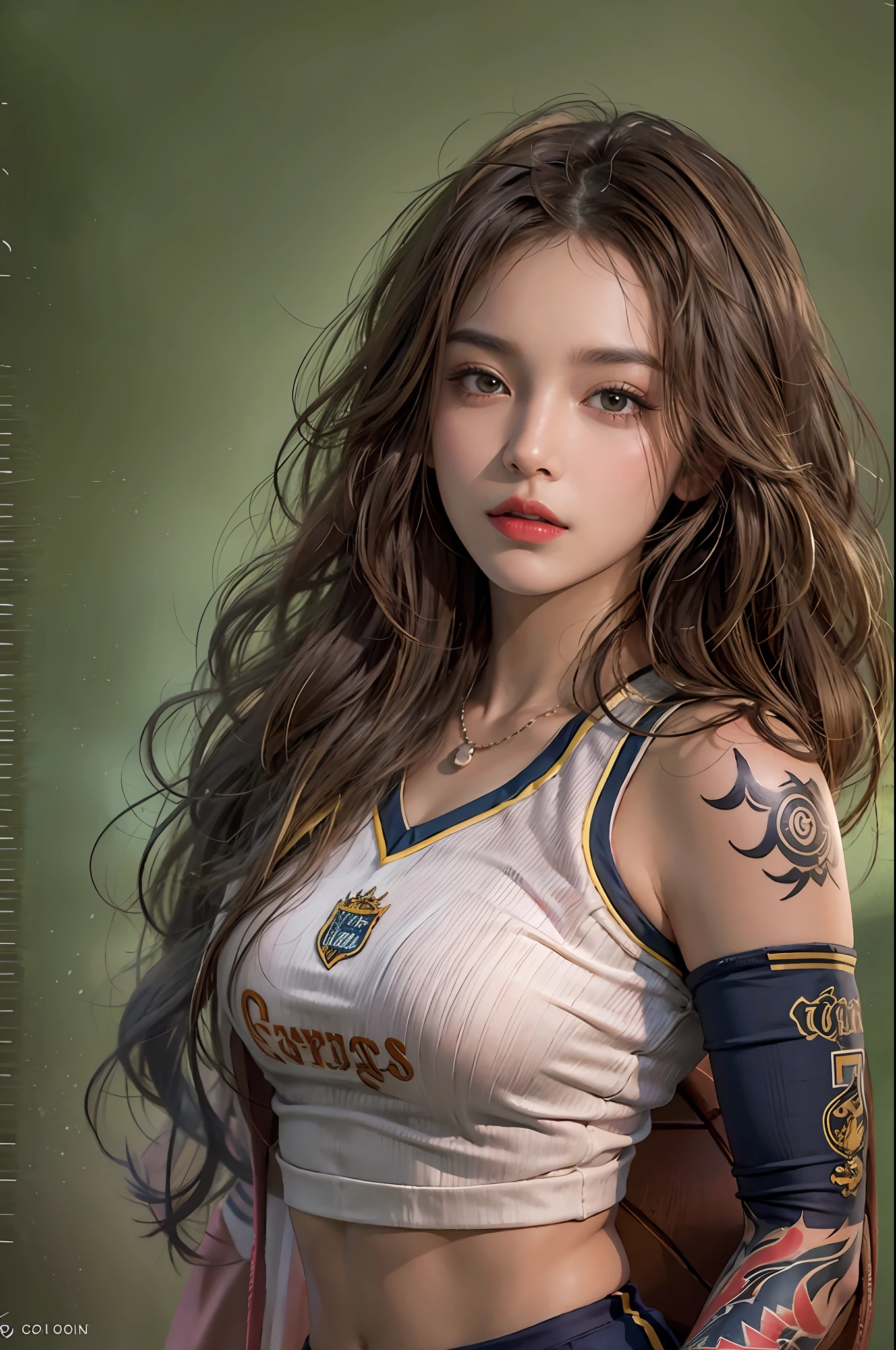 photorealistic, high resolution, 1women, solo, hips up, look at viewer, (detailed face), wavy hair, football uniform, tattoo, jewelry