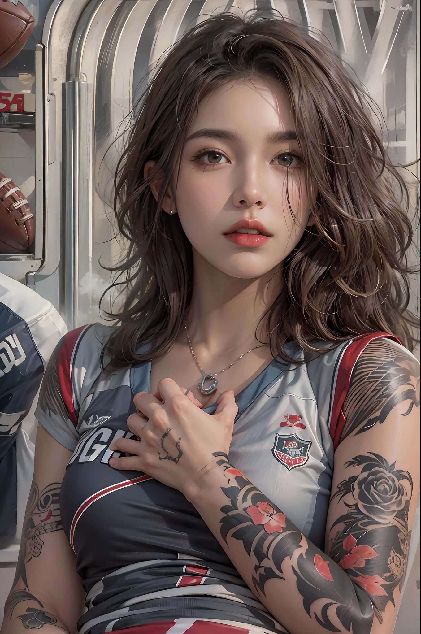 photorealistic, high resolution, 1women, solo, hips up, look at viewer, (detailed face), wavy hair, football uniform, tattoo, jewelry
