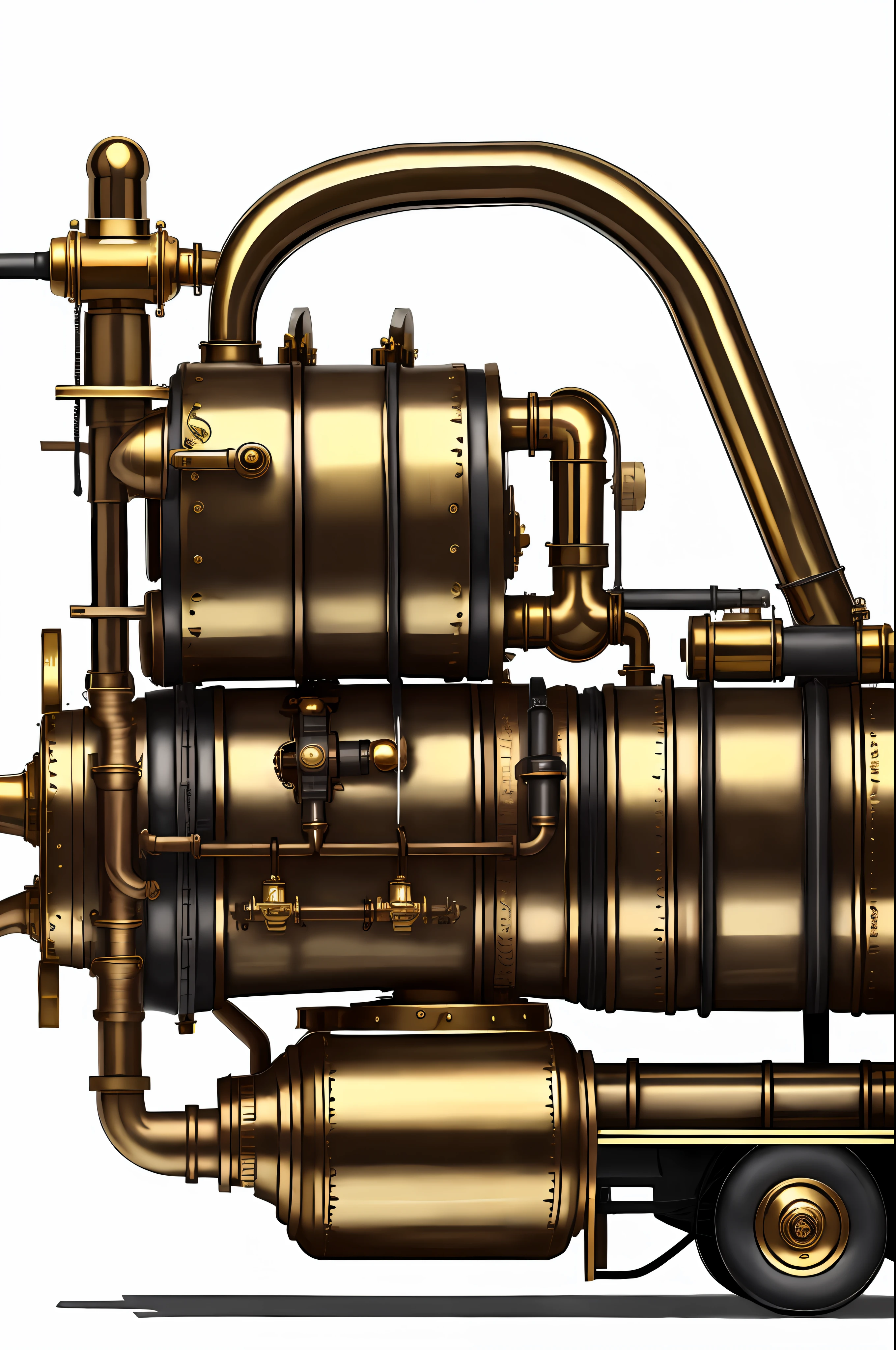 school bus、steampunc、from side view、brass、steel、Great photos of pipes、White background