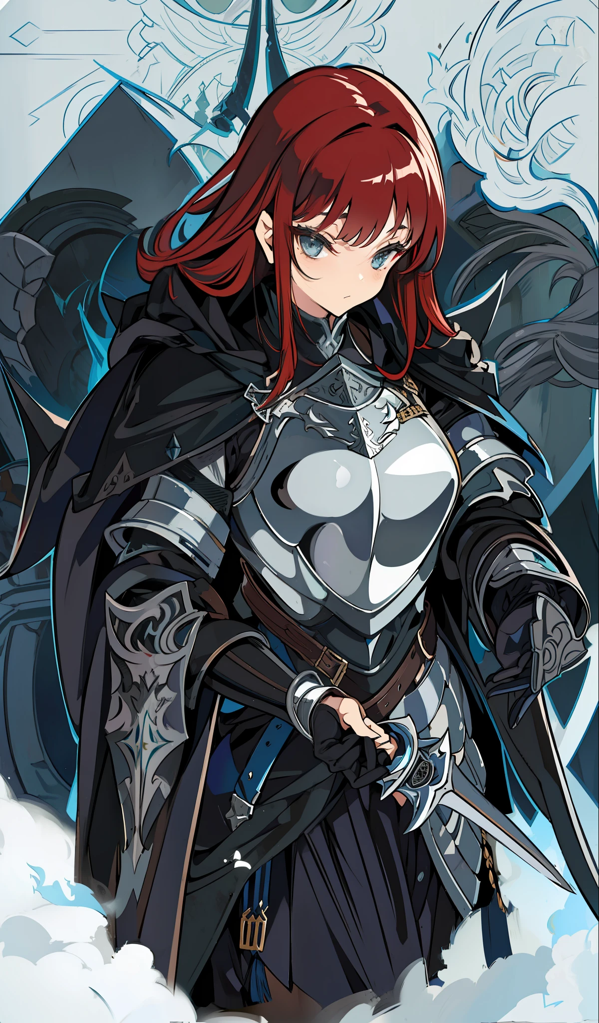 illustratio、(top-quality)、(((​masterpiece)))、(Hi-Res)、Original、(Solo Girl)、A sexy、Thick、Big body、Close up portrait of a person in costume of a knight with a sword, (Red-haired),Dark Souls Armor Concept, Flowing robes and leather armor, Dark Armor, pale black armor, Armor and robes, Character concept art honors, Concept Armor, Medieval concept art, concept art of a warrior, Black Armor, Black Iron Armor, Gray armor, sharp edged black armor, Black Armor