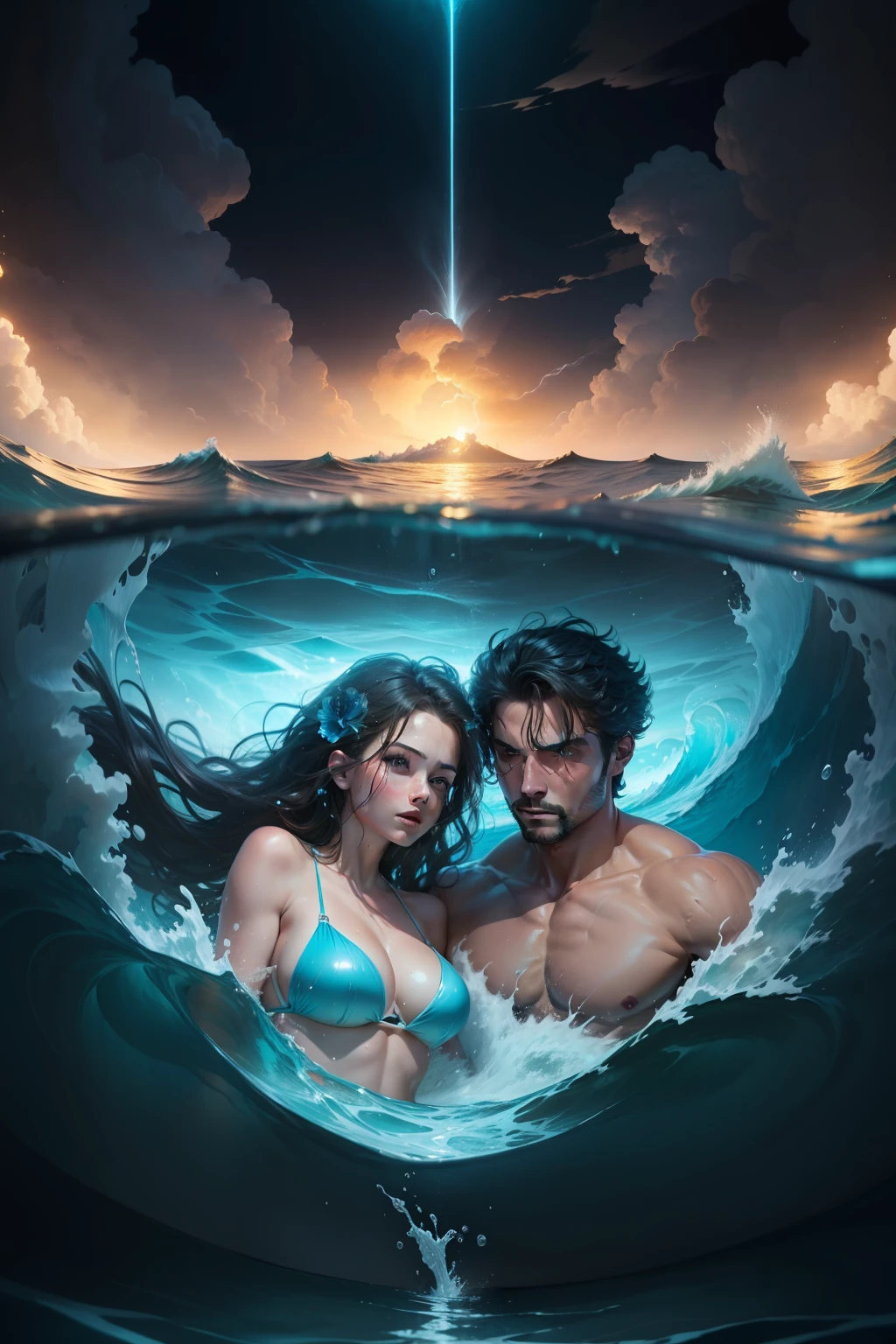 Beautiful Man and Woman in bathing suits bikinis, a swirling stormy sea, with a literal whirlpool of clear blue water, and boiling bioluminescent light, bar lighting, drawn up in a tornado of wind and water, hyperdetailed 24k photorealistic the whole scene swirling