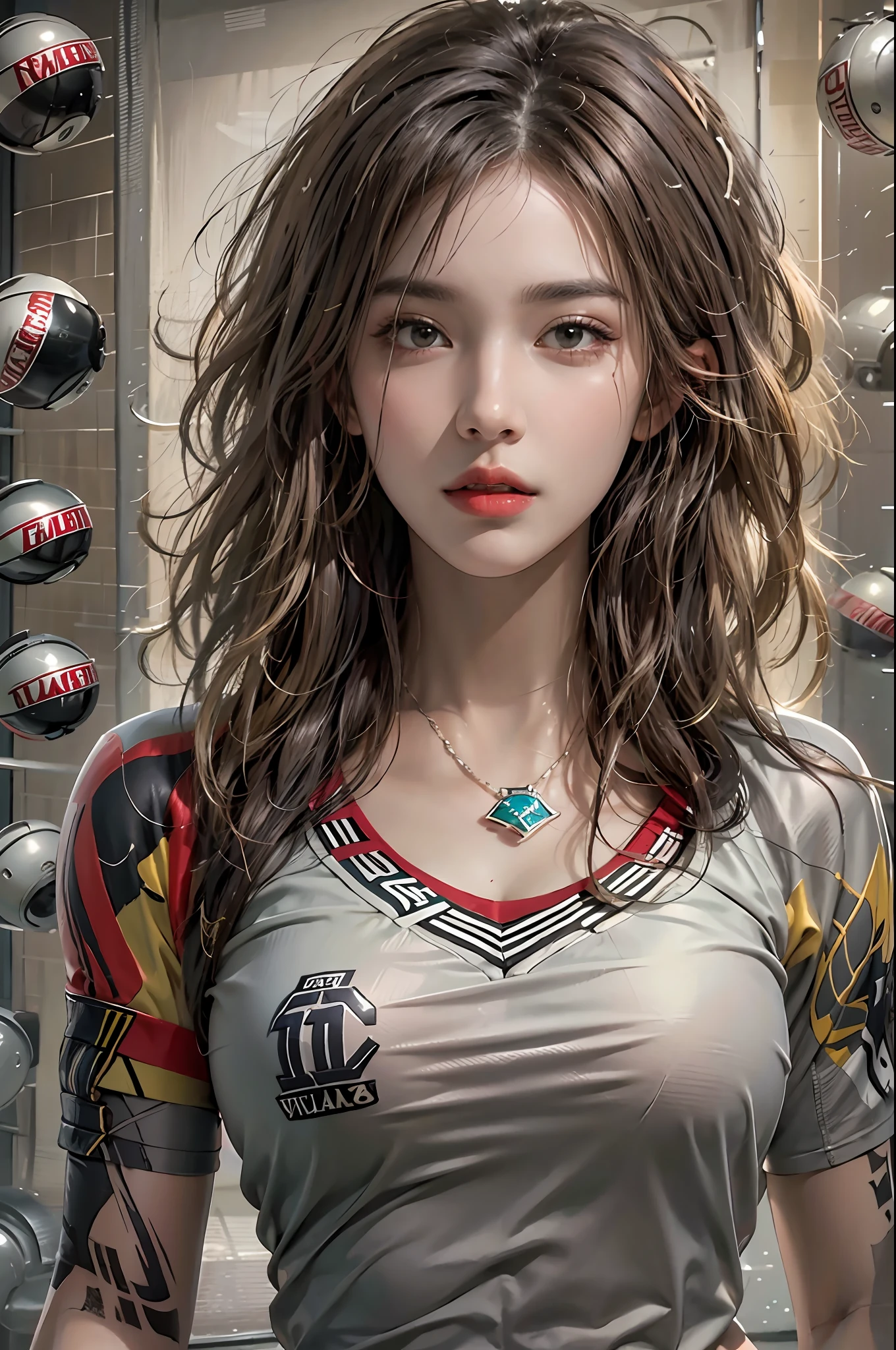 photorealistic, high resolution, 1women, solo, hips up, look at viewer, (detailed face), wavy hair, football uniform, tattoo, jewelry