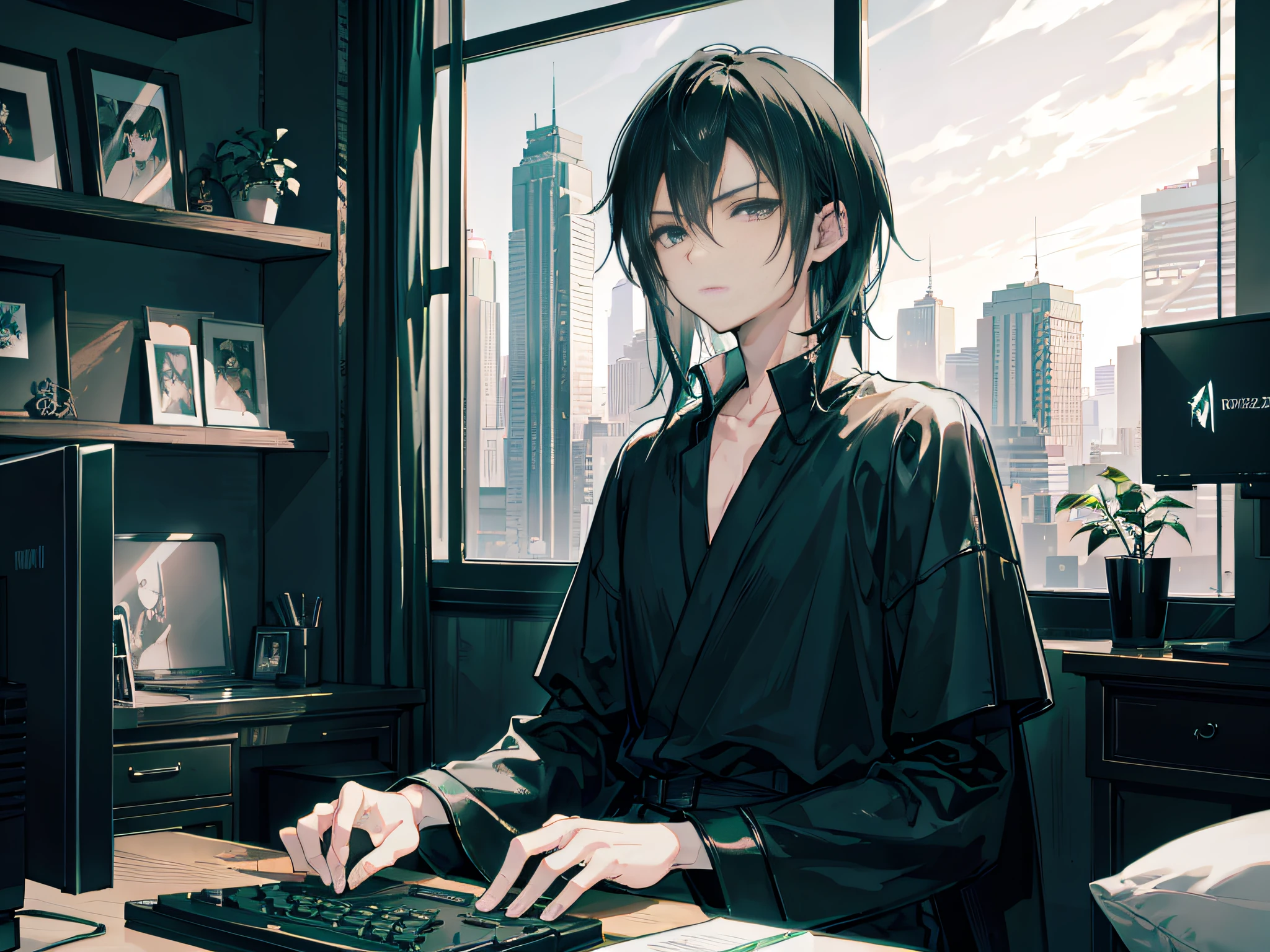anime handsome guy ,jet black short sharp hair,wearing plain black shirt, sitting in front of PC,both hand in keyboard and mouse playing pc game, in the bedroom. the bedroom is small, dark and gloomy, he has emerald green eyes, high res, ultrasharp, 8K, masterpiece,tired eyes, semi realistic,artwork in the style of guweiz