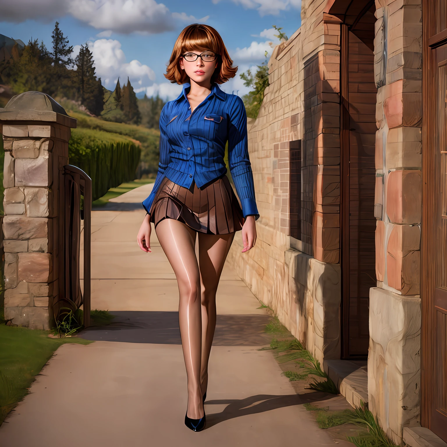 Full body view, feet in view, Velma Dinkley, solo, stripper, brown hair, dark blue eyes, detailed face, short skirt, pantyhose, no shoes
([Julianne Hough|Megan Fox|Christina Hendricks]:0.8), (puffy lips :0.9),
masterpiece, professional, high quality, beautiful, amazing, gothic, Getty Images, miko, giant,
photoshoot, 4k, realistic, detailed background, abhorrent, real life, by Walter Beach Humphrey, by Pierre Bonnard,