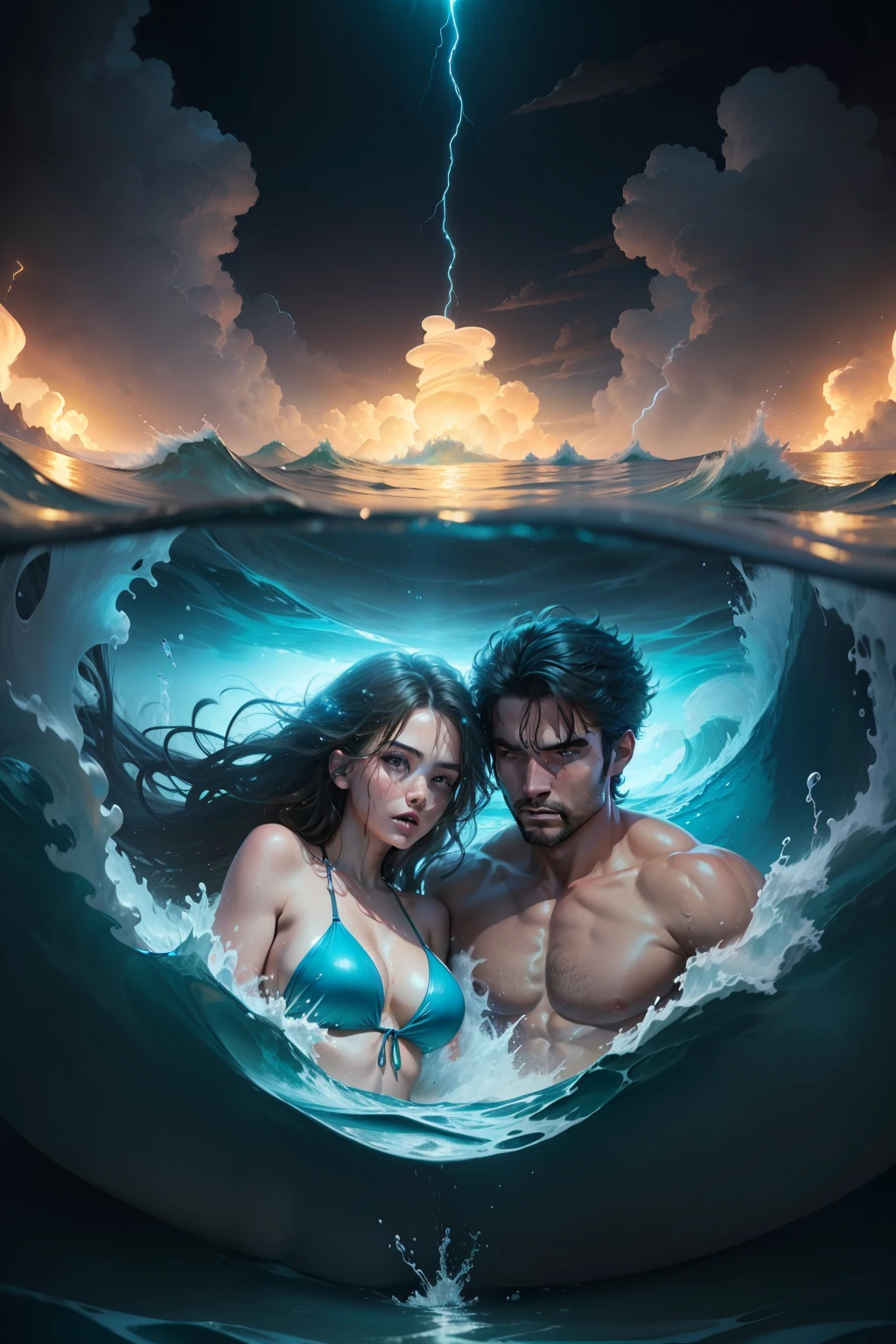 Beautiful Man and Woman in bathing suits bikinis, a swirling stormy sea, with a literal whirlpool of clear blue water, and boiling bioluminescent light, bar lighting, drawn up in a tornado of wind and water, hyperdetailed 24k photorealistic the whole scene swirling